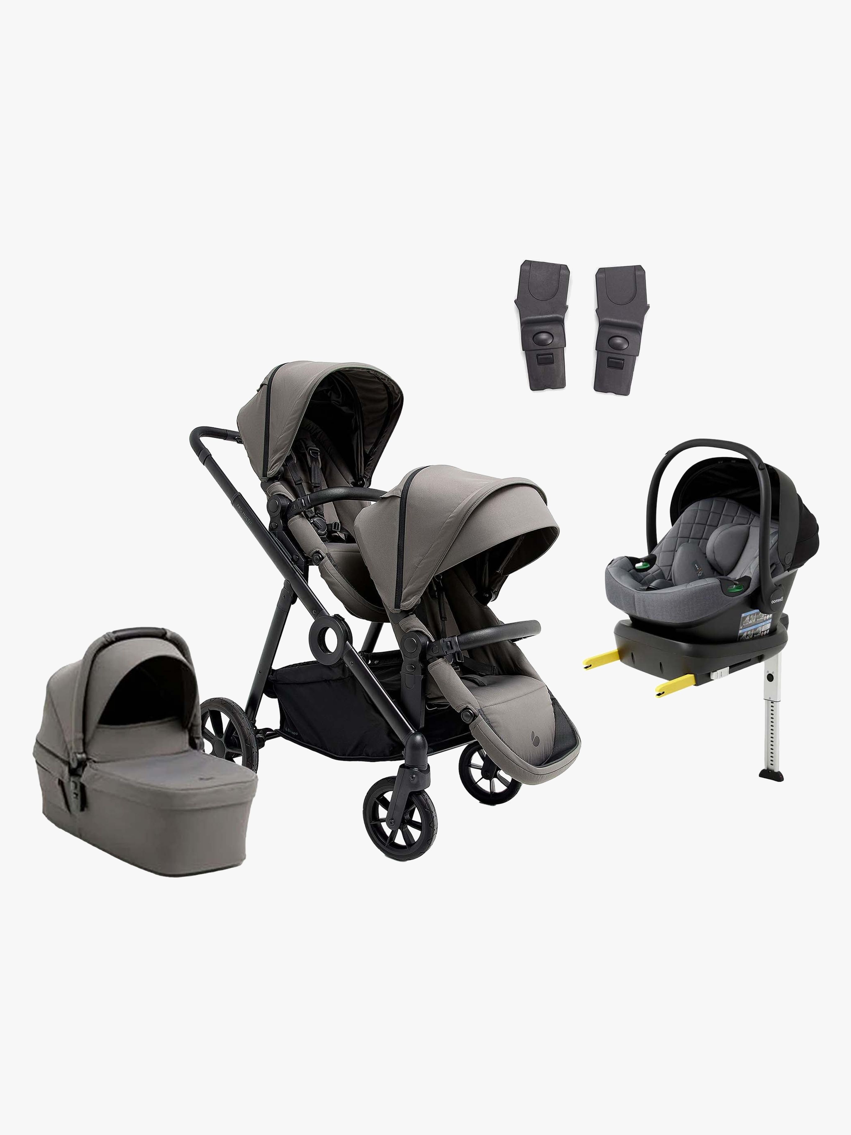 Pro Multi 2 Geschwisterwagen inkl. Route i-Size Babyschale & Basis, Mocha Grey / Mineral Grey, Doppelkinderwagen