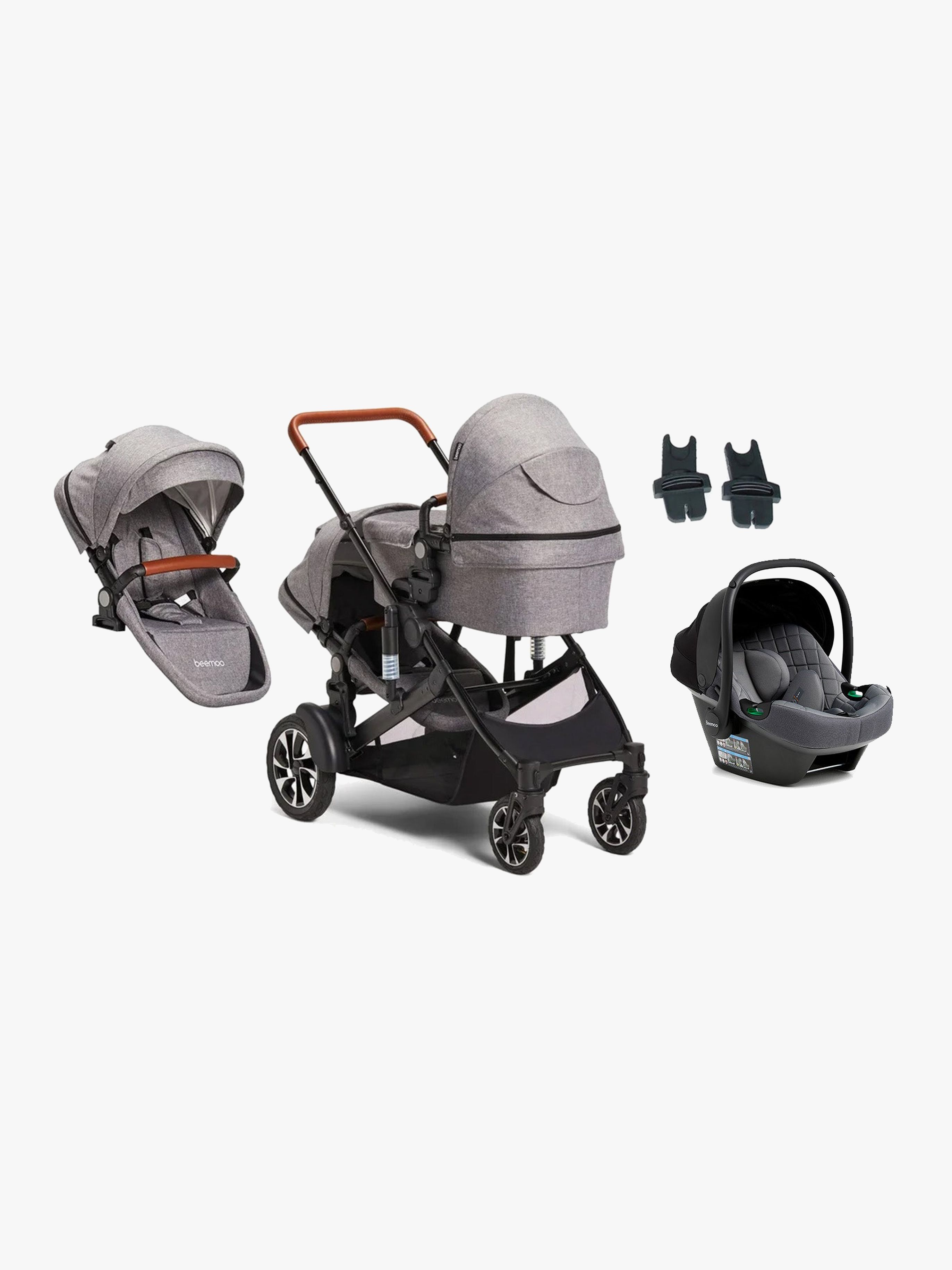 Maxi 4 Twin Geschwisterwagen inkl. Geschwistersitz & Beemoo Route i-Size Babyschale, Grey / Mineral Grey, Doppelkinderwagen