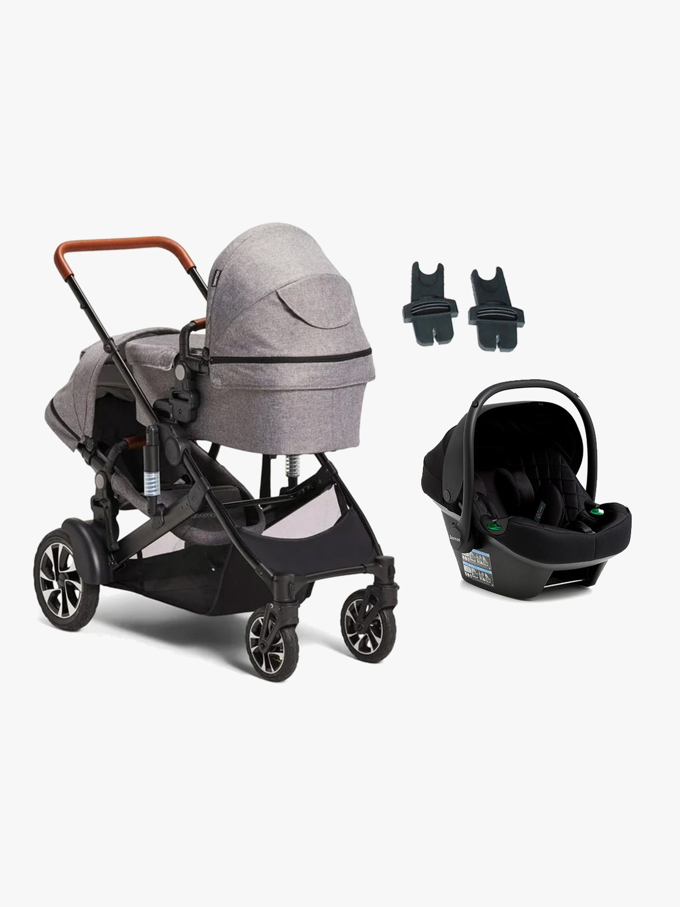 Beemoo Maxi 4 Twin Geschwisterwagen inkl. Beemoo Route i-Size Babyschale, Grey/Black Stone, Doppelkinderwagen