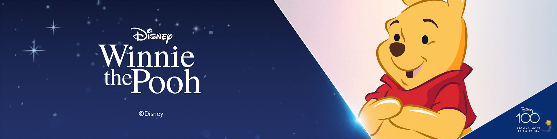 Winnie Puuh vor einem blauen Hintergrund mit Sternen und dem Text 'Winnie the Pooh'.