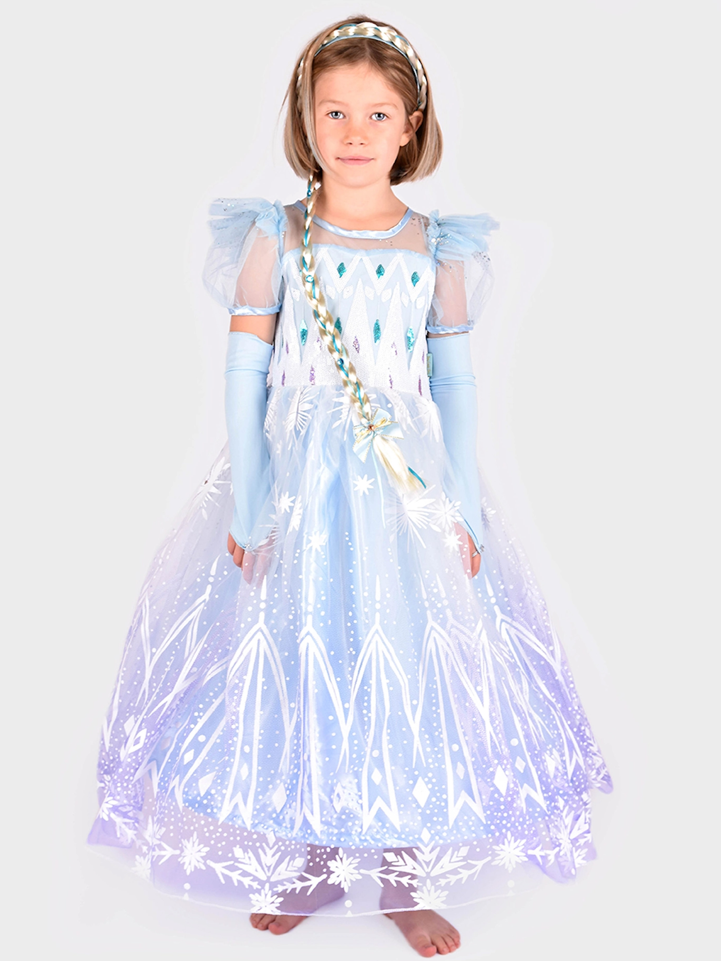 Kostüm Eisprinzessin Kleid mit Zopf 98-104 cm, 98-104