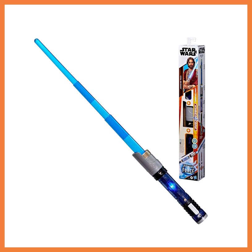 Blaues Lichtschwert mit dem Text 'STAR WARS' auf der Verpackung.
