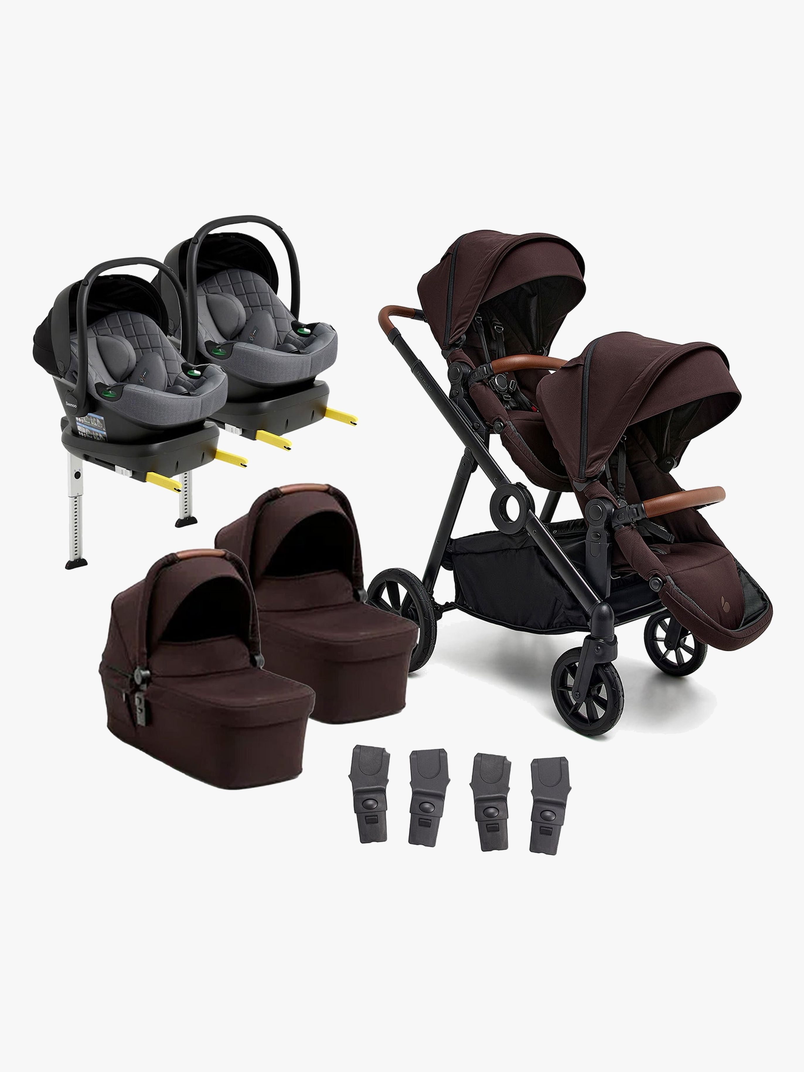 Beemoo Pro Multi 2 Zwillingswagen inkl. Route i-Size Babyschalen &  Basis, Espresso Brown/Mineral Grey