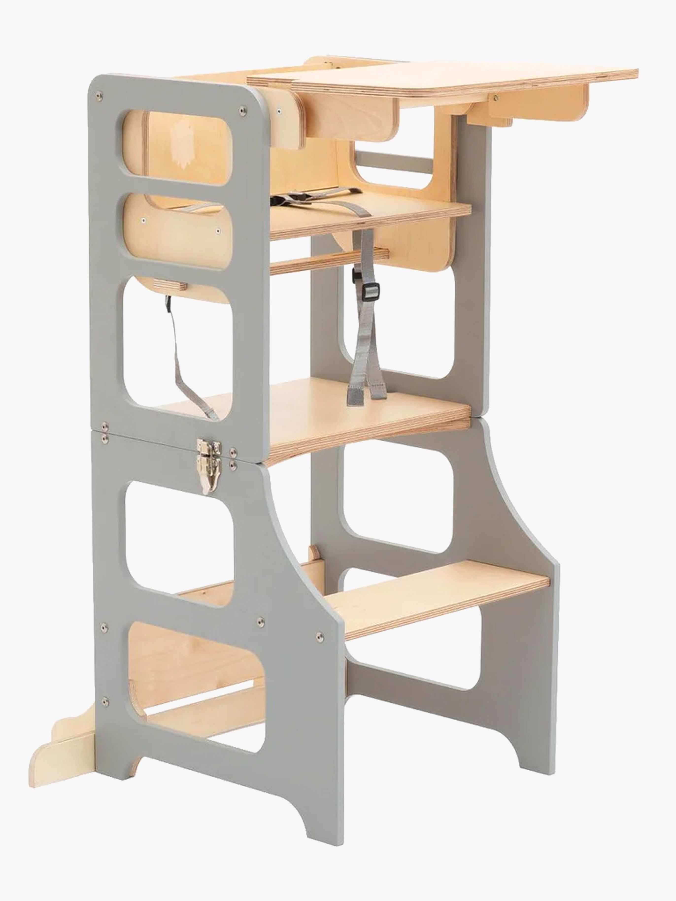 Duck Woodworks 3-in-1 Klappbarer Lernturm mit Hochstuhl, Grau