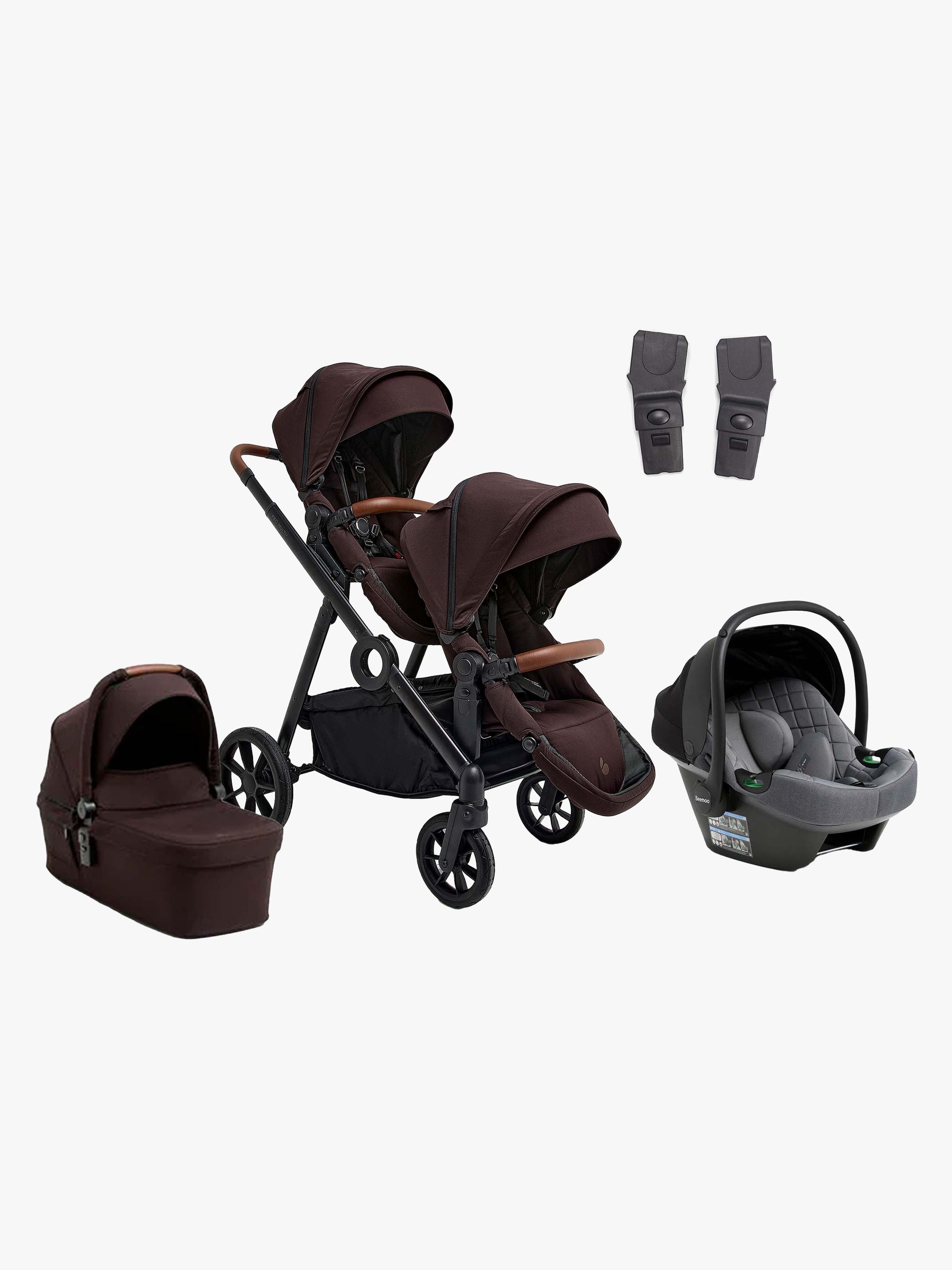 Beemoo Pro Multi 2 Geschwisterwagen inkl. Route i-Size Babyschale, Espresso Brown/Mineral Grey, Doppelkinderwagen