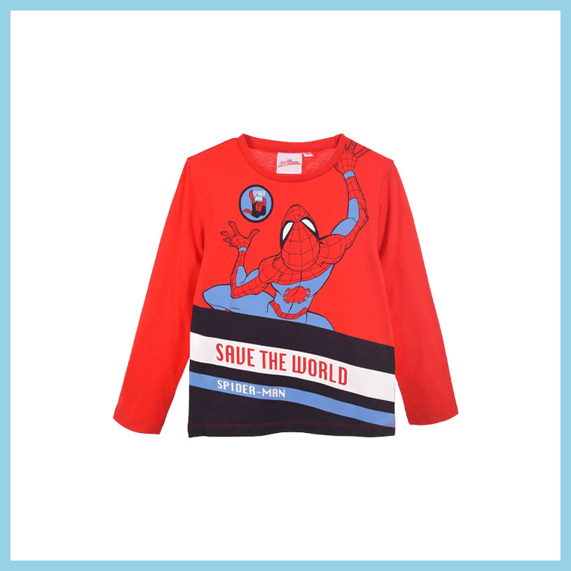 Rotes T-Shirt mit Spider-Man und dem Text 'SAVE THE WORLD'.
