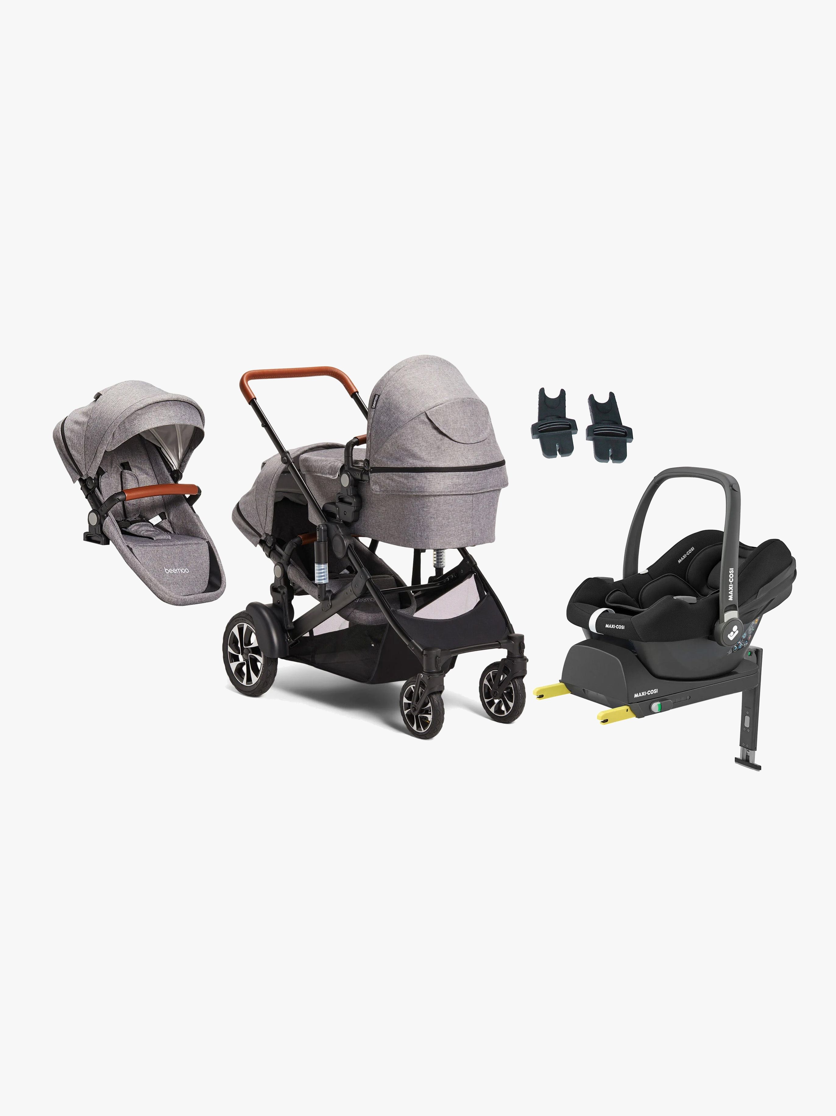 Beemoo Maxi 4 Twin Geschwisterwagen inkl. Geschwistersitz &  Maxi-Cosi CabrioFix Babyschale &  Basis, Grey, Doppelkinderwagen