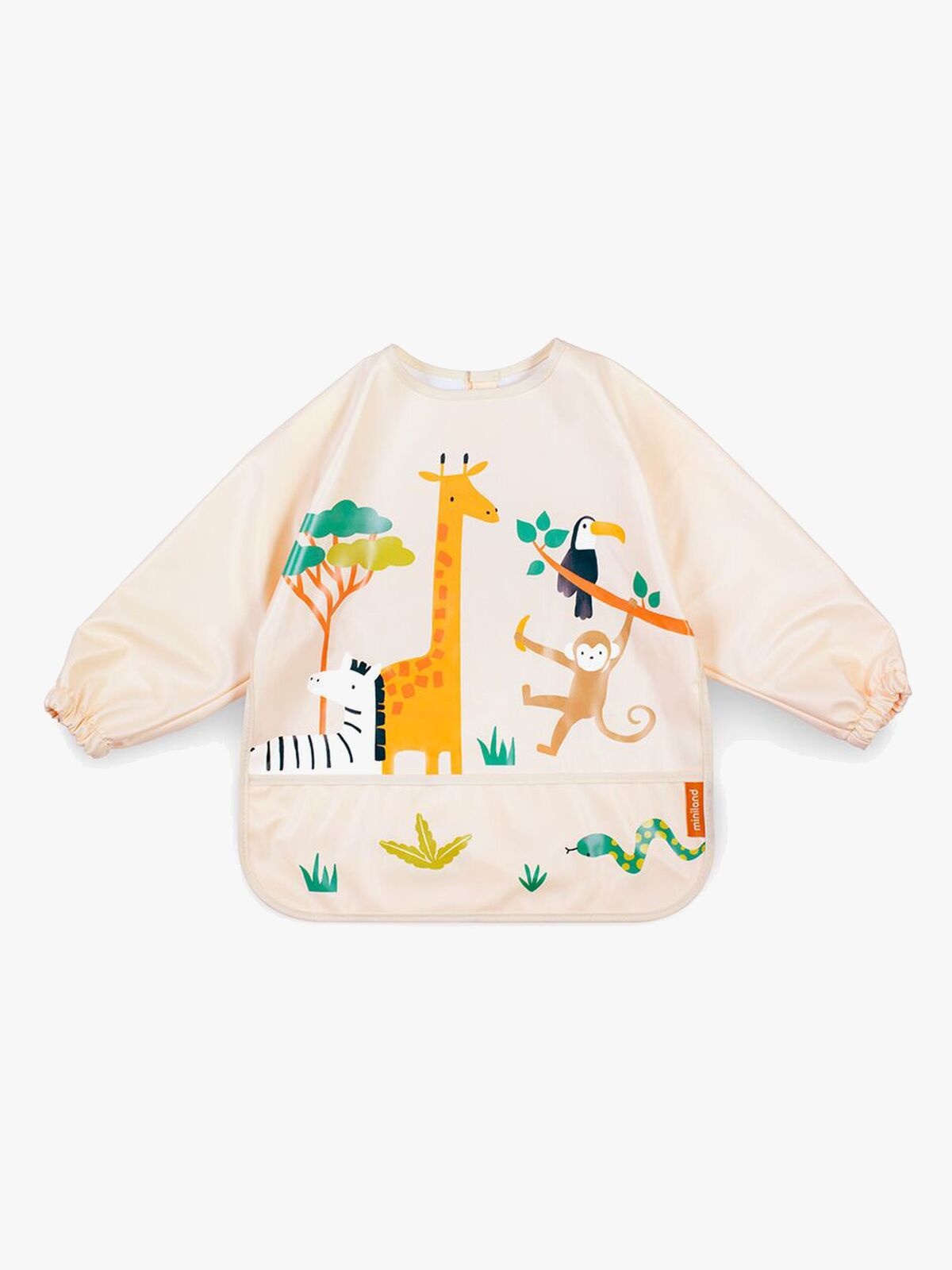 Miniland Langärmliges Lätzchen mit Tasche, Jungle