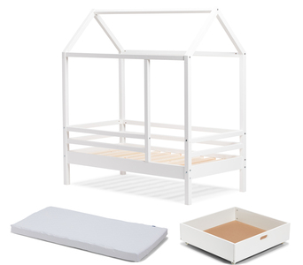 Minitude Nordic Hausbett 70x140 Jax + Matratze Softi und Bettkasten, Weiß