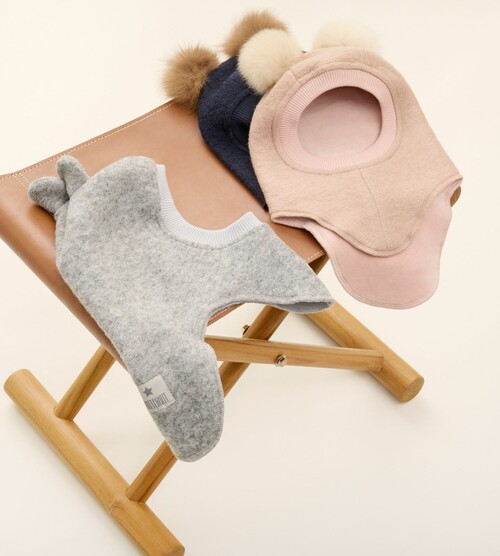 Huttelihut Schlupfmütze Merinowolle mit Bommel, Rose Melange