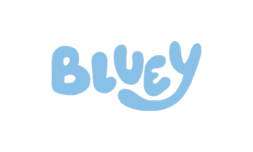 Logo mit dem Text 'BLUEY' in hellblauer Farbe.