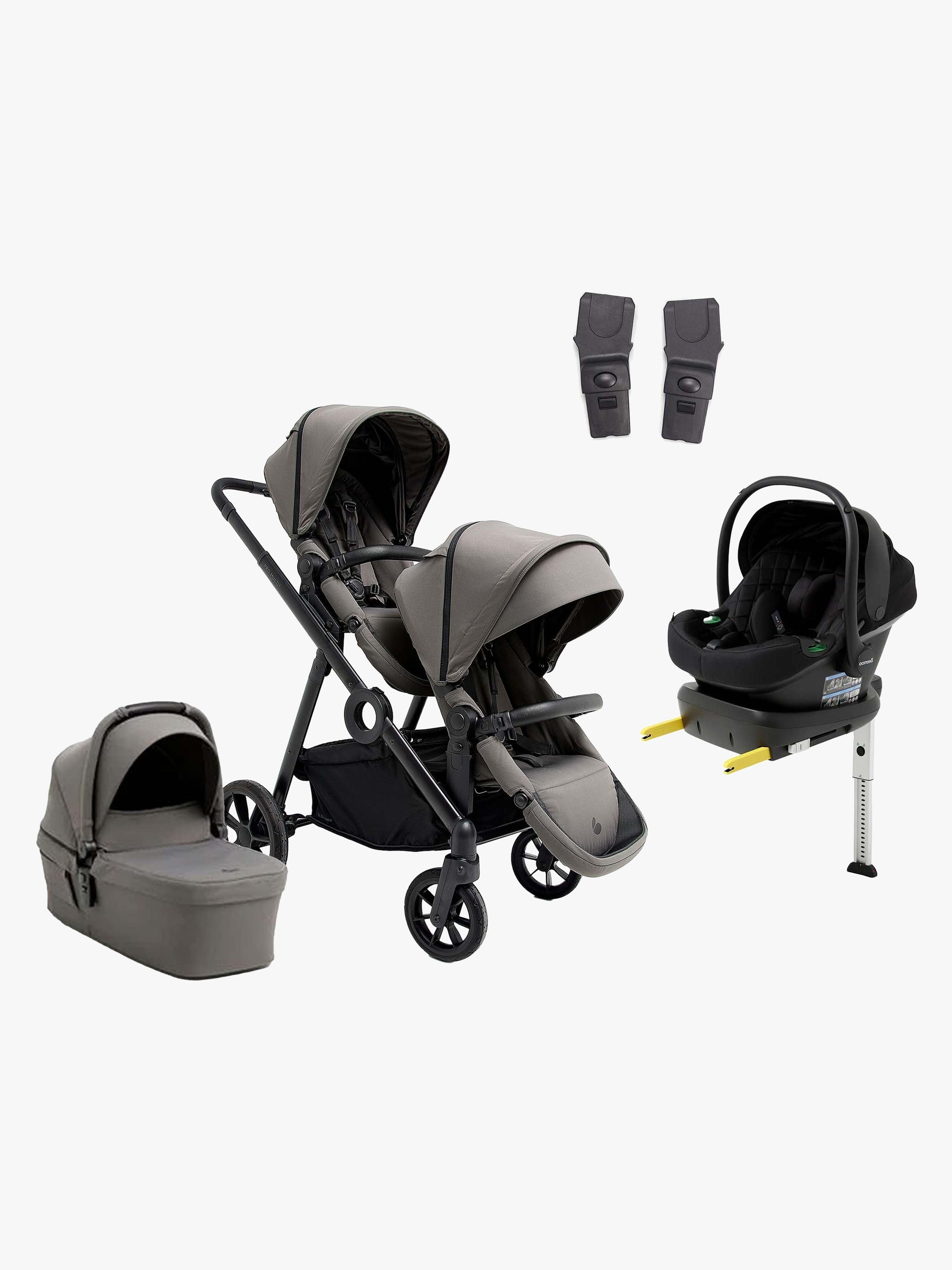Pro Multi 2 Geschwisterwagen inkl. Route i-Size Babyschale & Basis, Mocha Grey / Black Stone, Doppelkinderwagen