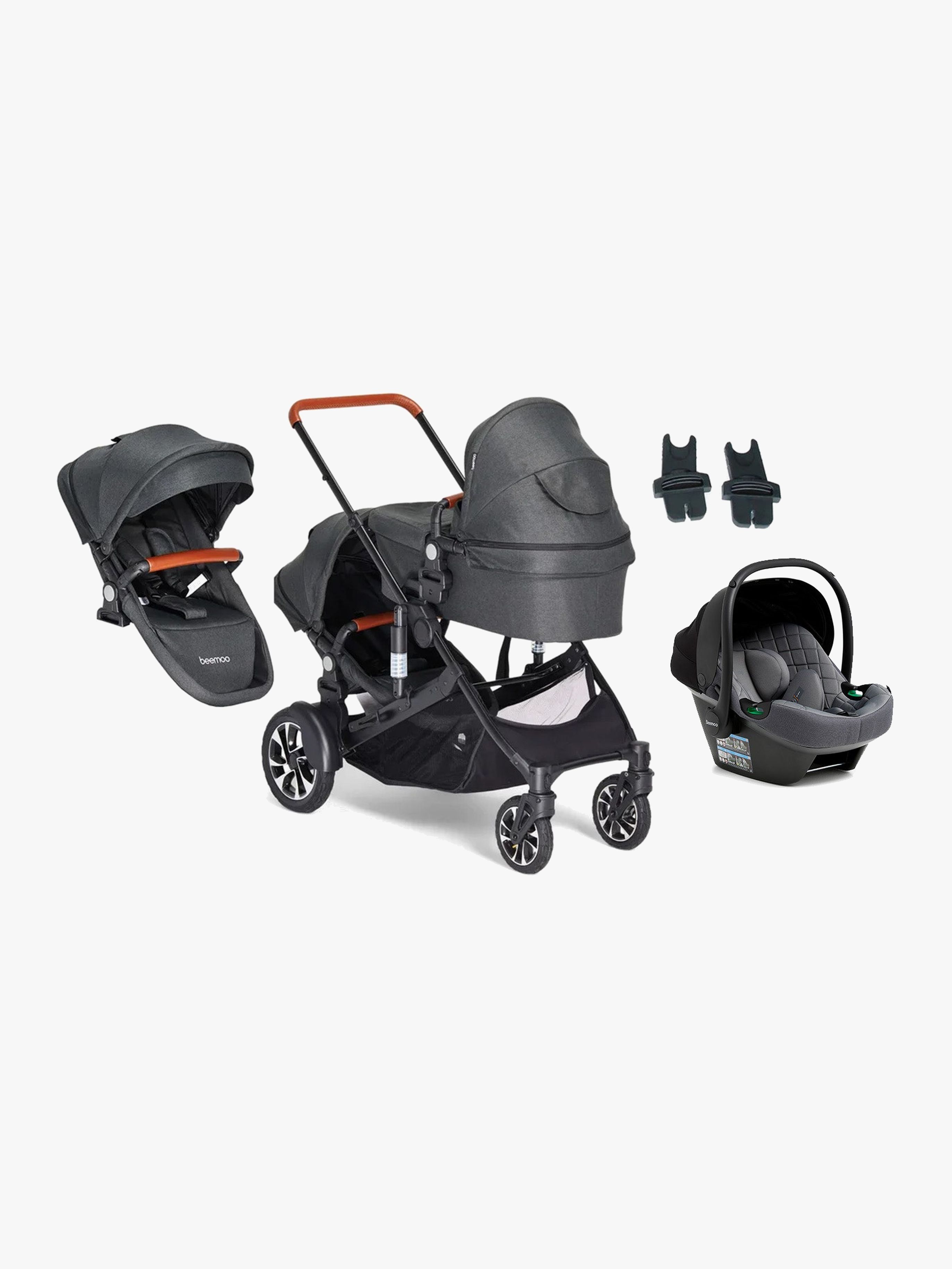 Maxi 4 Twin Geschwisterwagen inkl. Geschwistersitz & Beemoo Route i-Size Babyschale, Black / Mineral Grey, Doppelkinderwagen