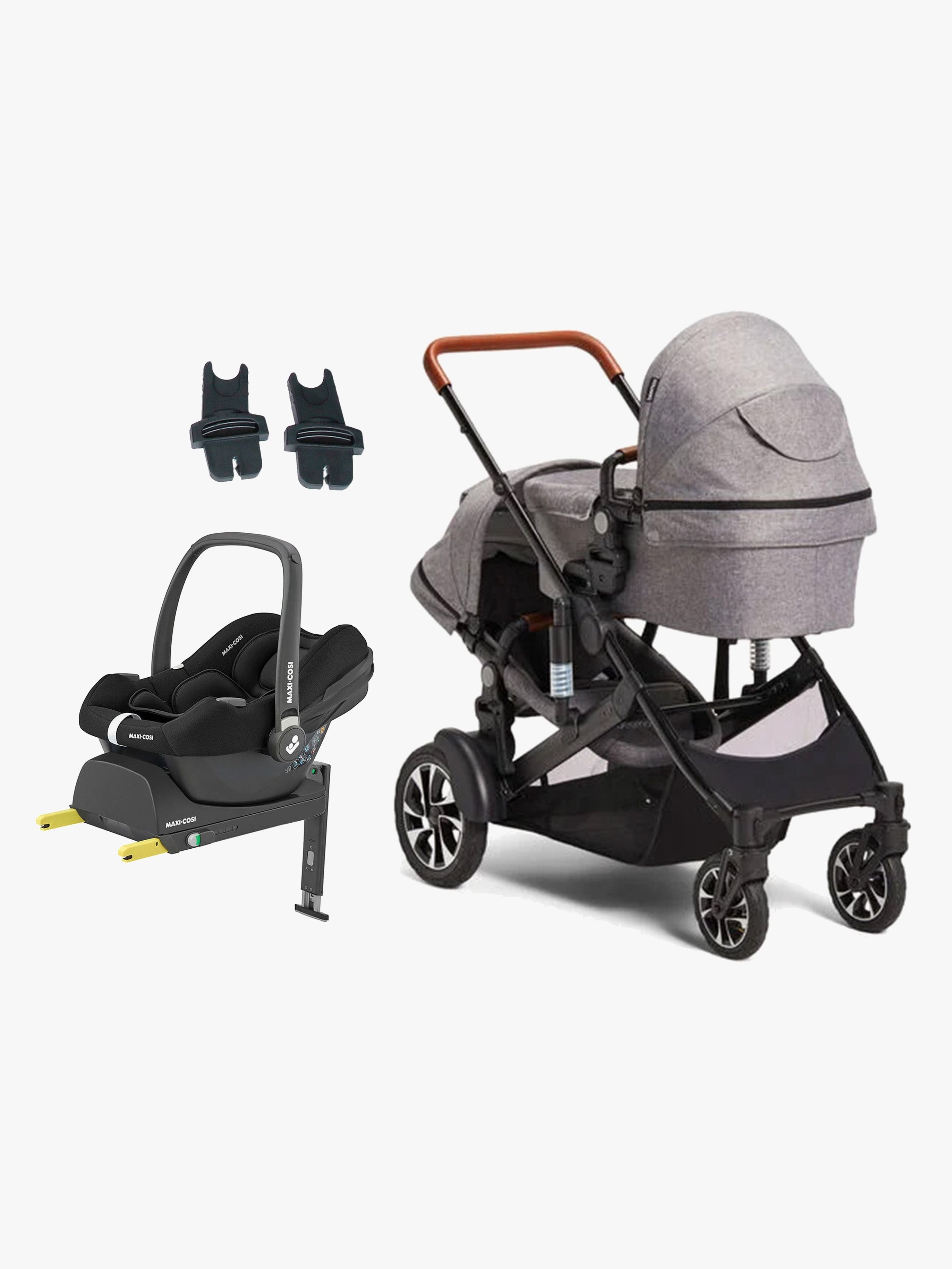 Beemoo Maxi 4 Twin Geschwisterwagen inkl. Maxi-Cosi CabrioFix Babyschale &  Basis, Grey, Doppelkinderwagen