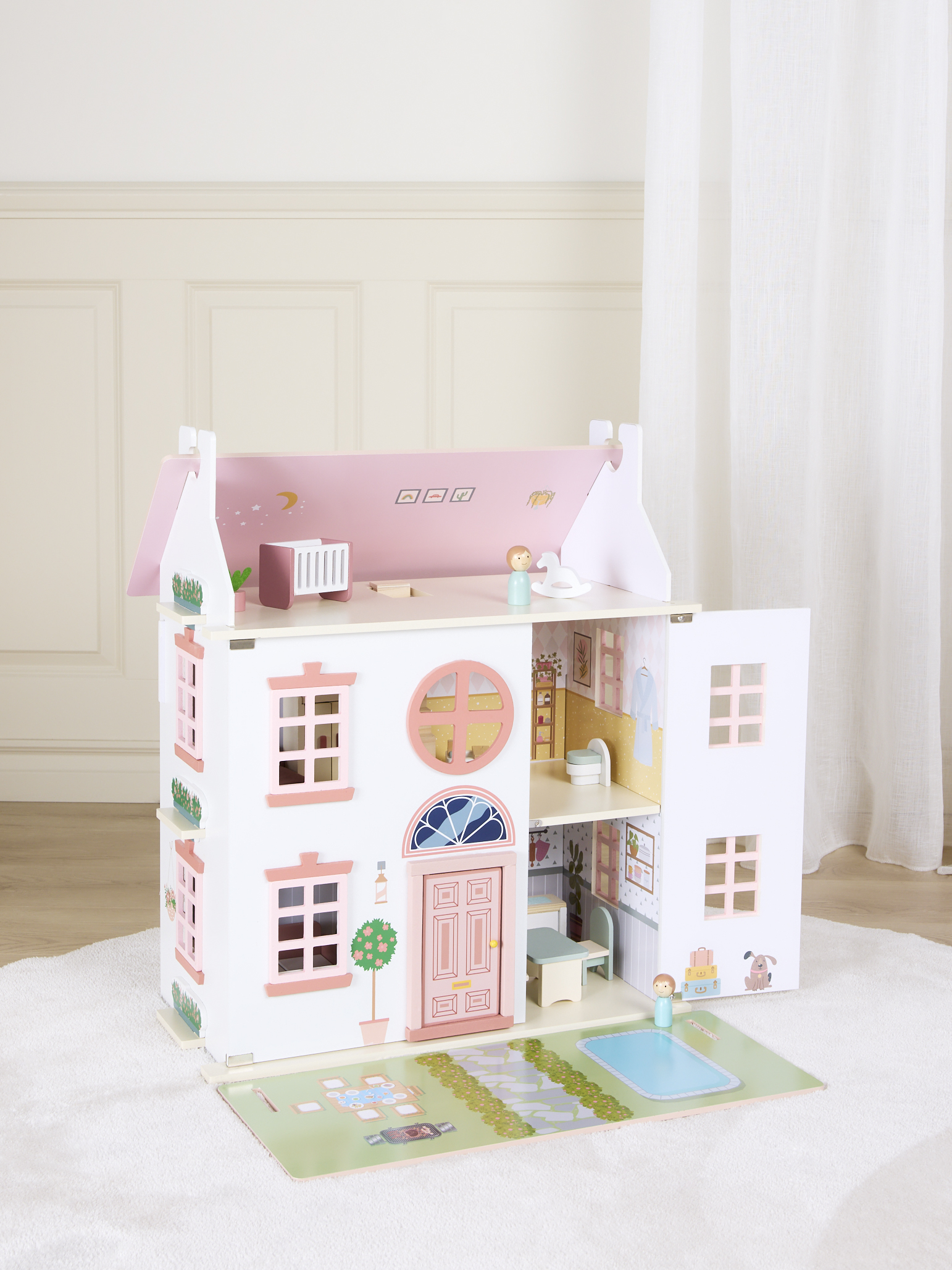 Alice &  Fox Puppenhaus mit Möbel &  4 Puppen, Rosa, Holz