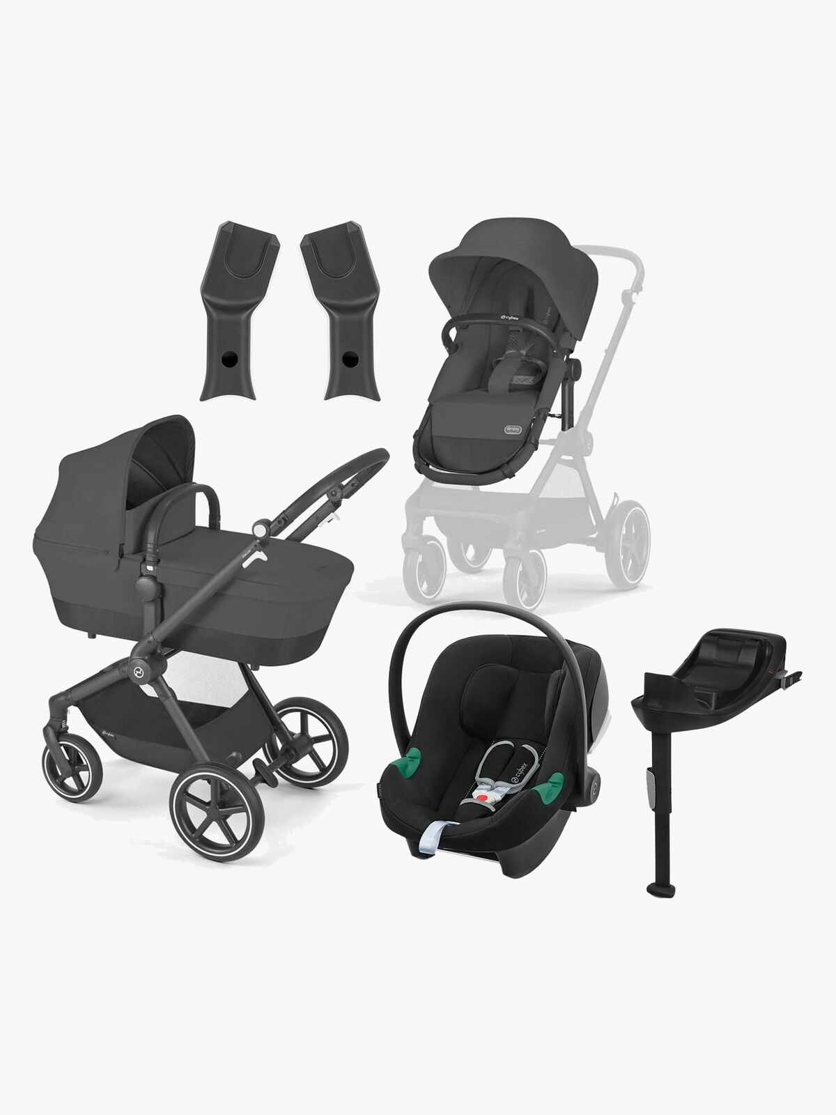 Cybex EOS Lux Kombikinderwagen inkl. Aton B2 Babyschale & Basis, Black/Moon Black