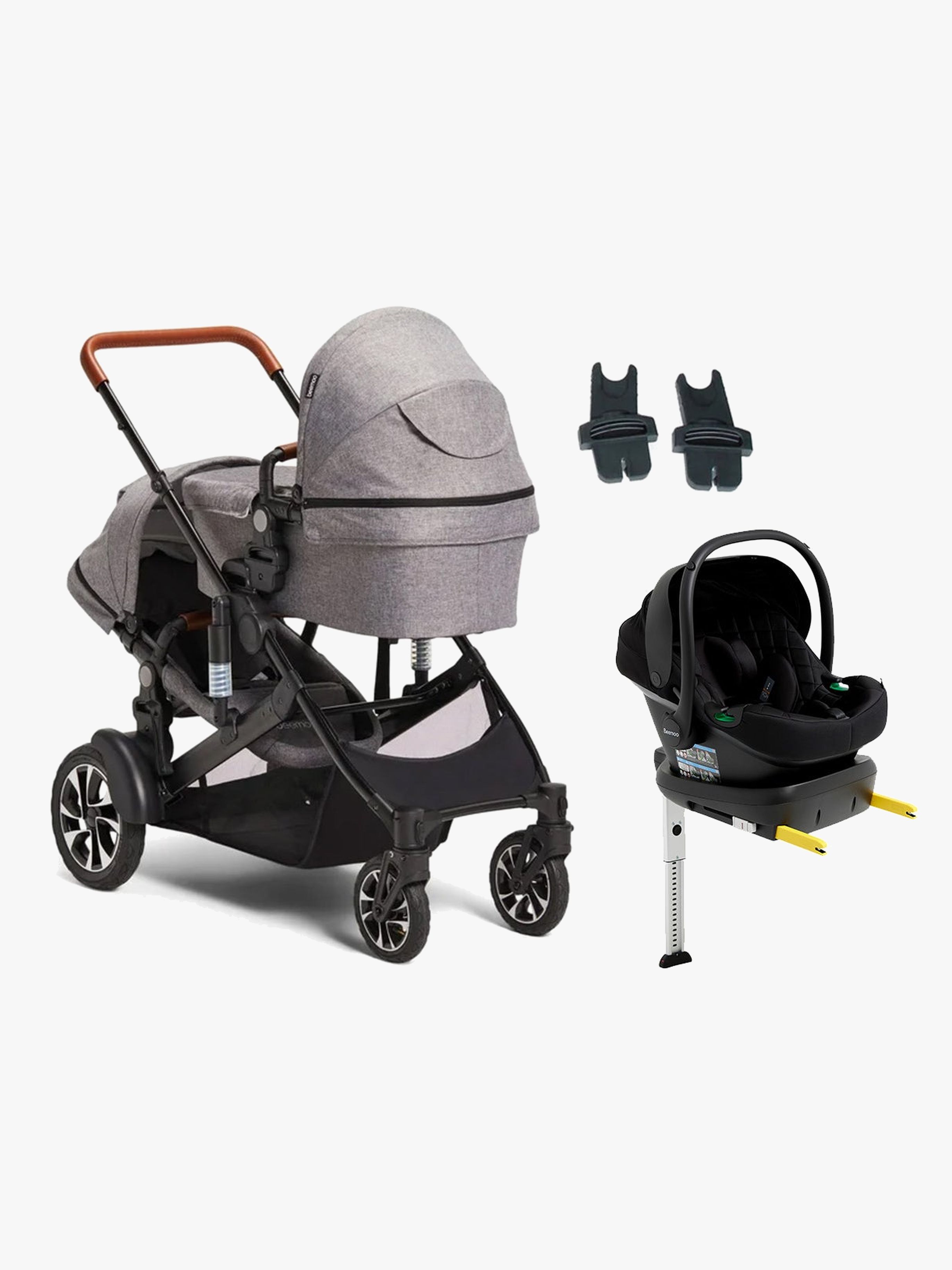 Beemoo Maxi 4 Twin Geschwisterwagen inkl. Beemoo Route i-Size Babyschale &  Basis, Grey/Black Stone, Doppelkinderwagen