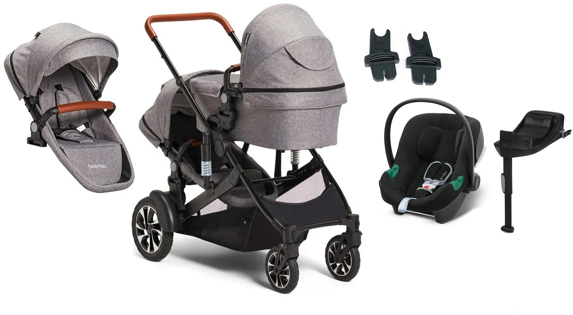 Maxi 4 Twin Geschwisterwagen inkl. Geschwistersitz & Cybex Aton B2 Babyschale & Basis, Grey / Volcano Black, Doppelkinderwagen