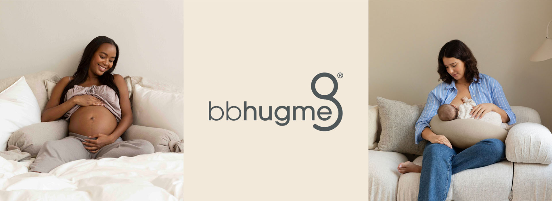 Schwangere Frau im Bett mit Stützkissen und bbhugme Logo.