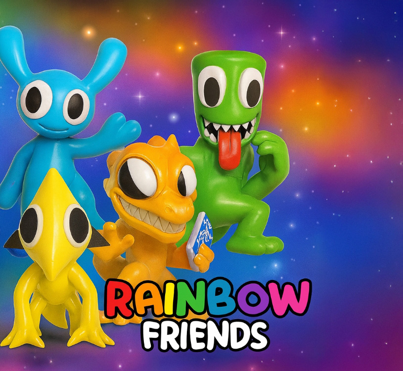 Bunte Figuren von 'Rainbow Friends' mit dem Text 'RAINBOW FRIENDS'.