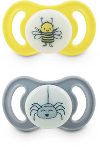 Esska Happy Mini Glow Biene/Spinne Silikon Schnuller 2er-Pack 0-6 m, Gelb/Grau