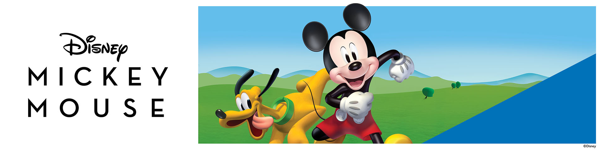 Mickey Mouse und Pluto in einer grünen Landschaft mit dem Text 'Disney MICKEY MOUSE'.