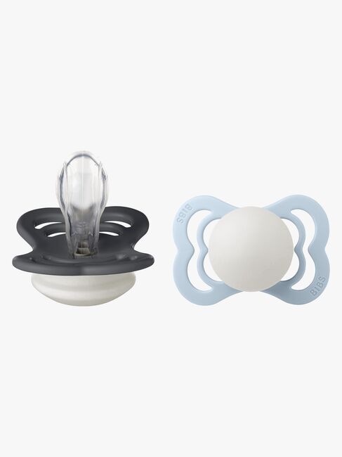 BIBS Supreme Schnuller 2er-Pack Silikon Gr. 1 Symmetrisch, Iron Glow/Baby Blue Glow