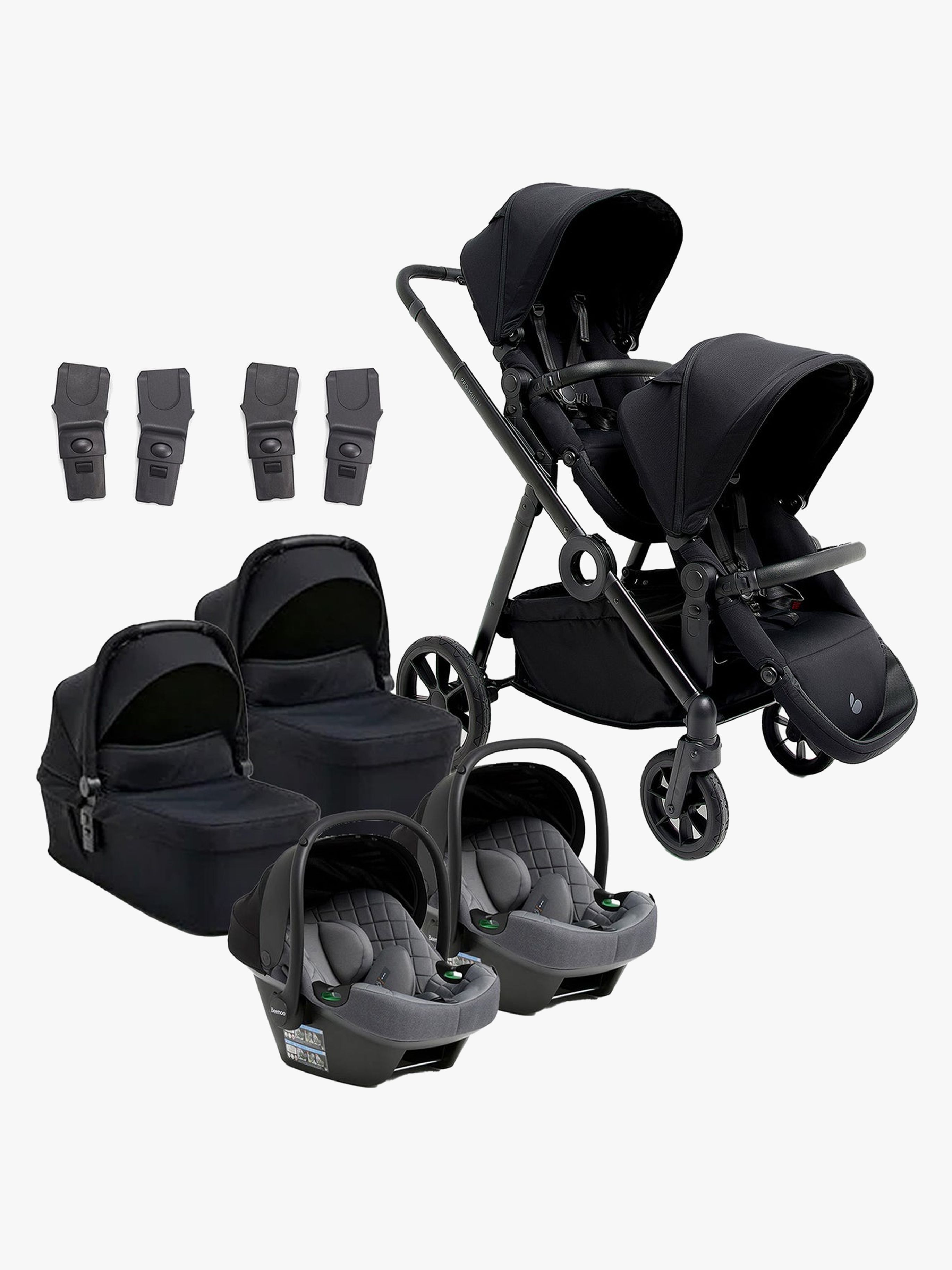 Beemoo Pro Multi 2 Zwillingswagen inkl. Route i-Size Babyschalen, Coffee Black/Mineral Grey