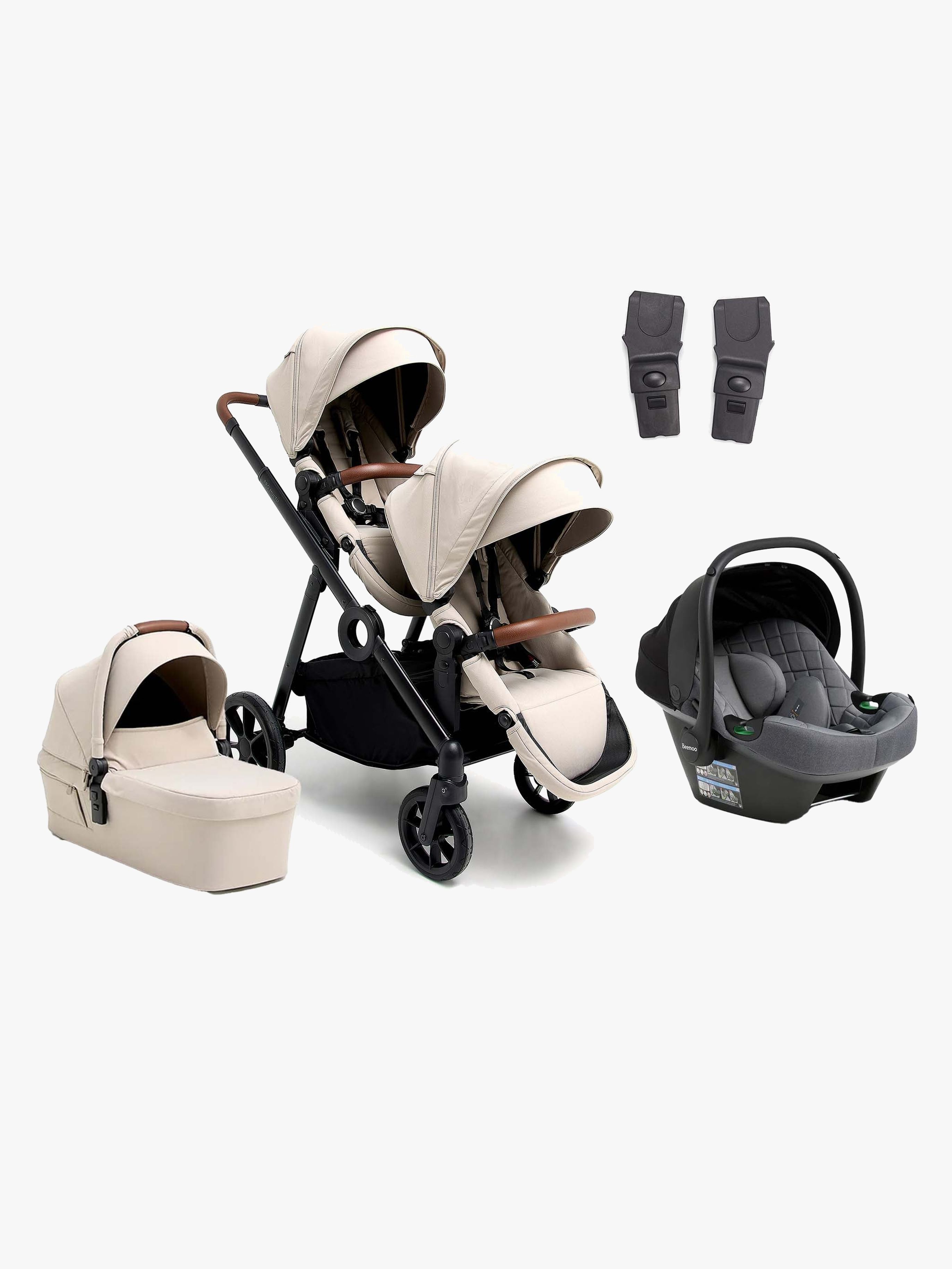 Beemoo Pro Multi 2 Geschwisterwagen inkl. Route i-Size Babyschale, Latte Beige/Mineral Grey, Doppelkinderwagen