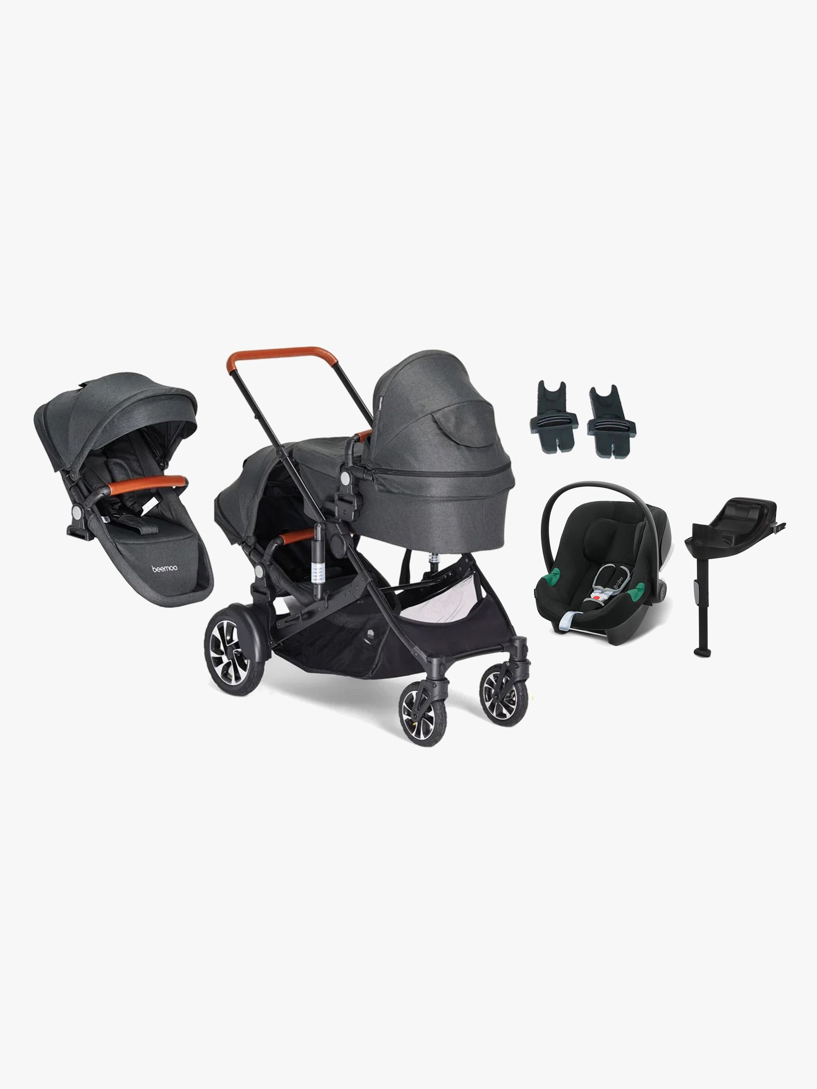 Beemoo Maxi 4 Twin Geschwisterwagen inkl. Geschwistersitz &  Cybex Aton B2 Babyschale &  Basis, Black/Volcano Black, Doppelkinderwagen