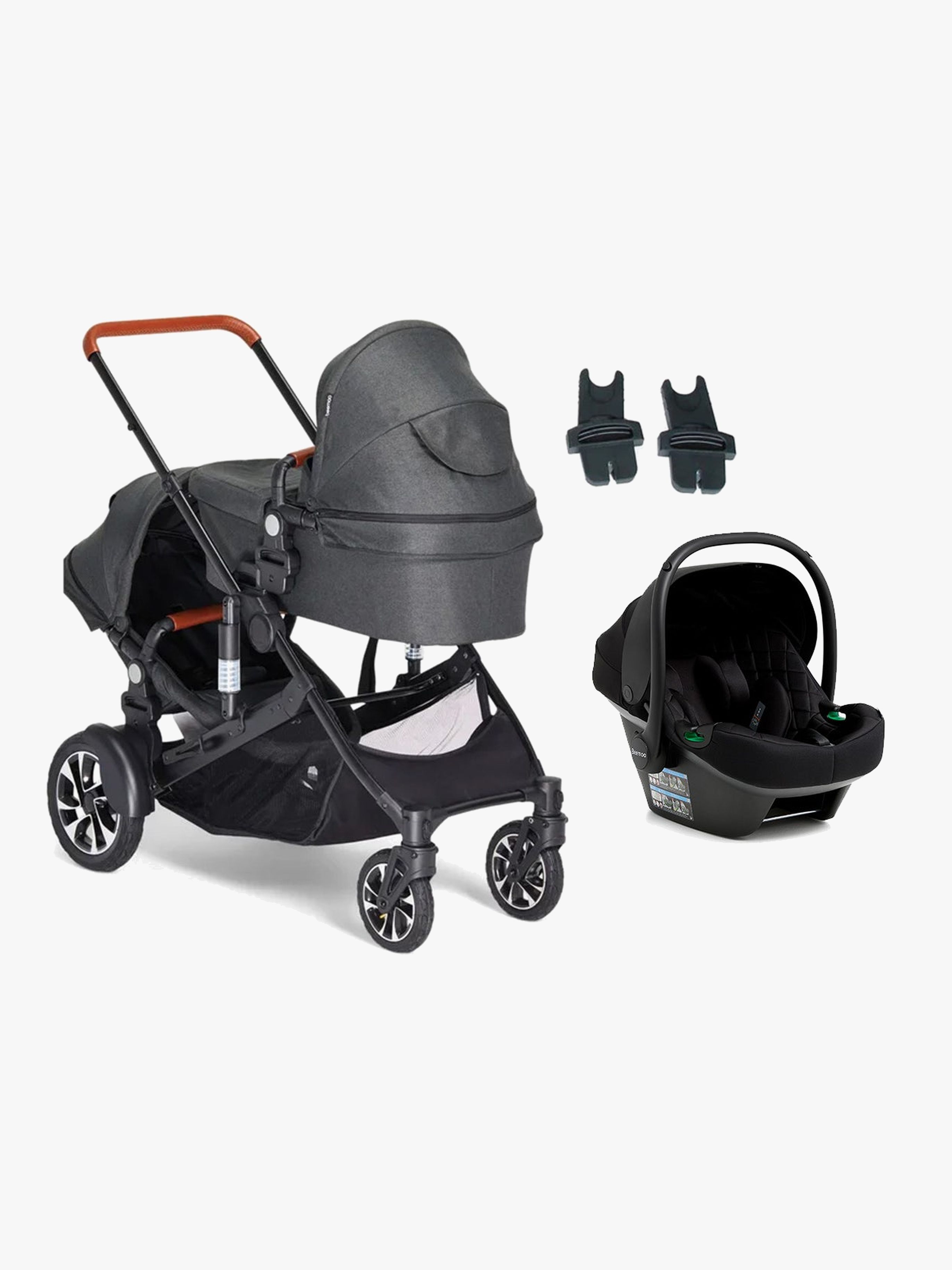 Maxi 4 Twin Geschwisterwagen inkl. Beemoo Route i-Size Babyschale, Black / Black Stone, Doppelkinderwagen
