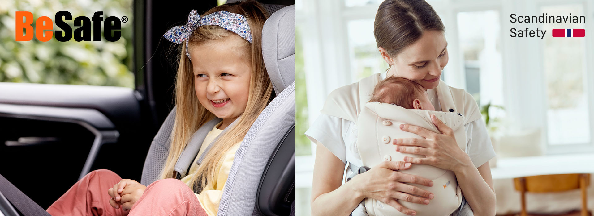 Lächelndes Kind im Autositz neben Mutter mit Baby.