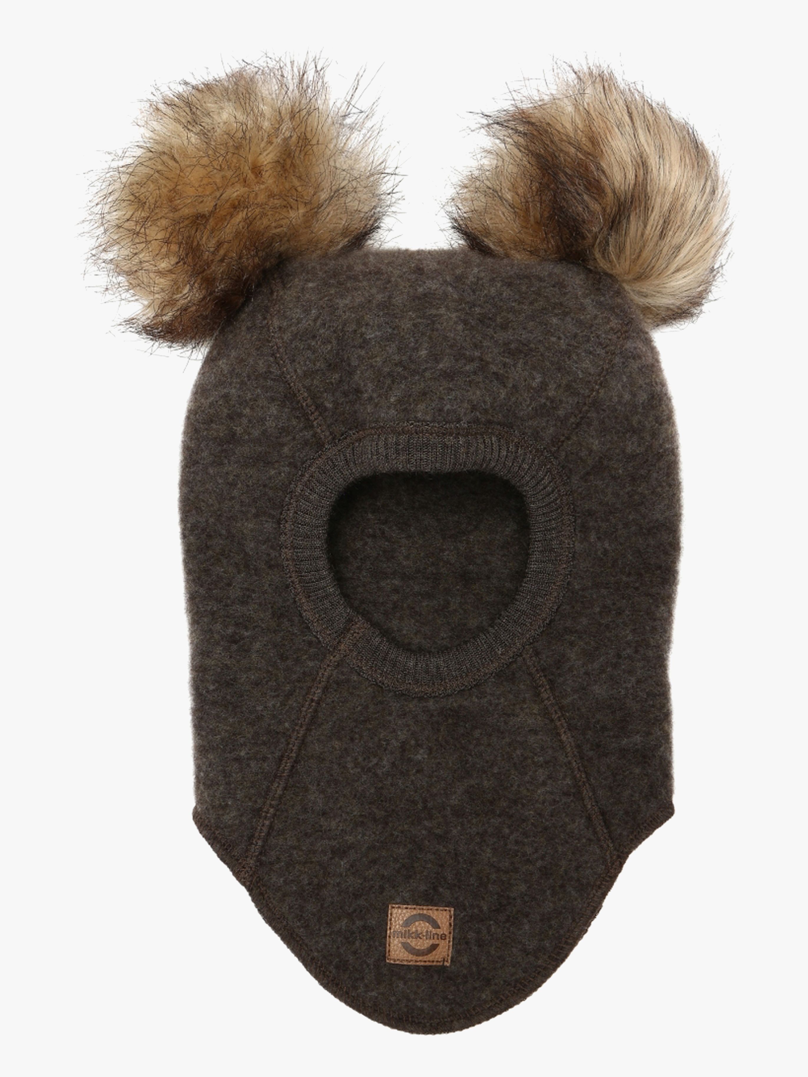 Mikk-Line Schlupfmütze Merinowolle mit Bommeln, Dark Brown Melange, 74-80