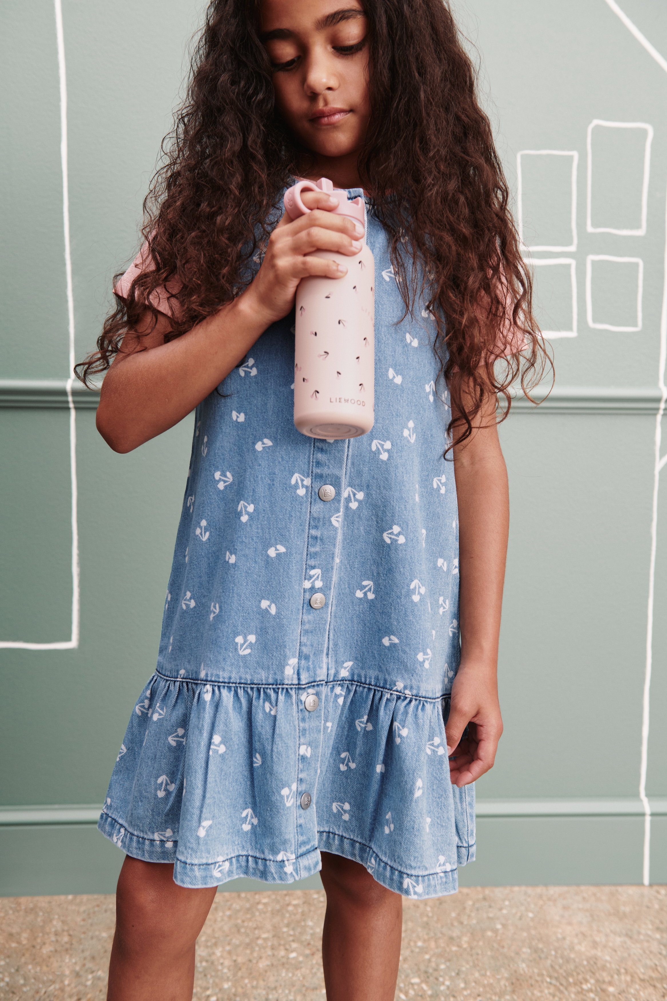 Sybilla Light Denim Kleid, Cherry Heart Sandy / Denim, 128