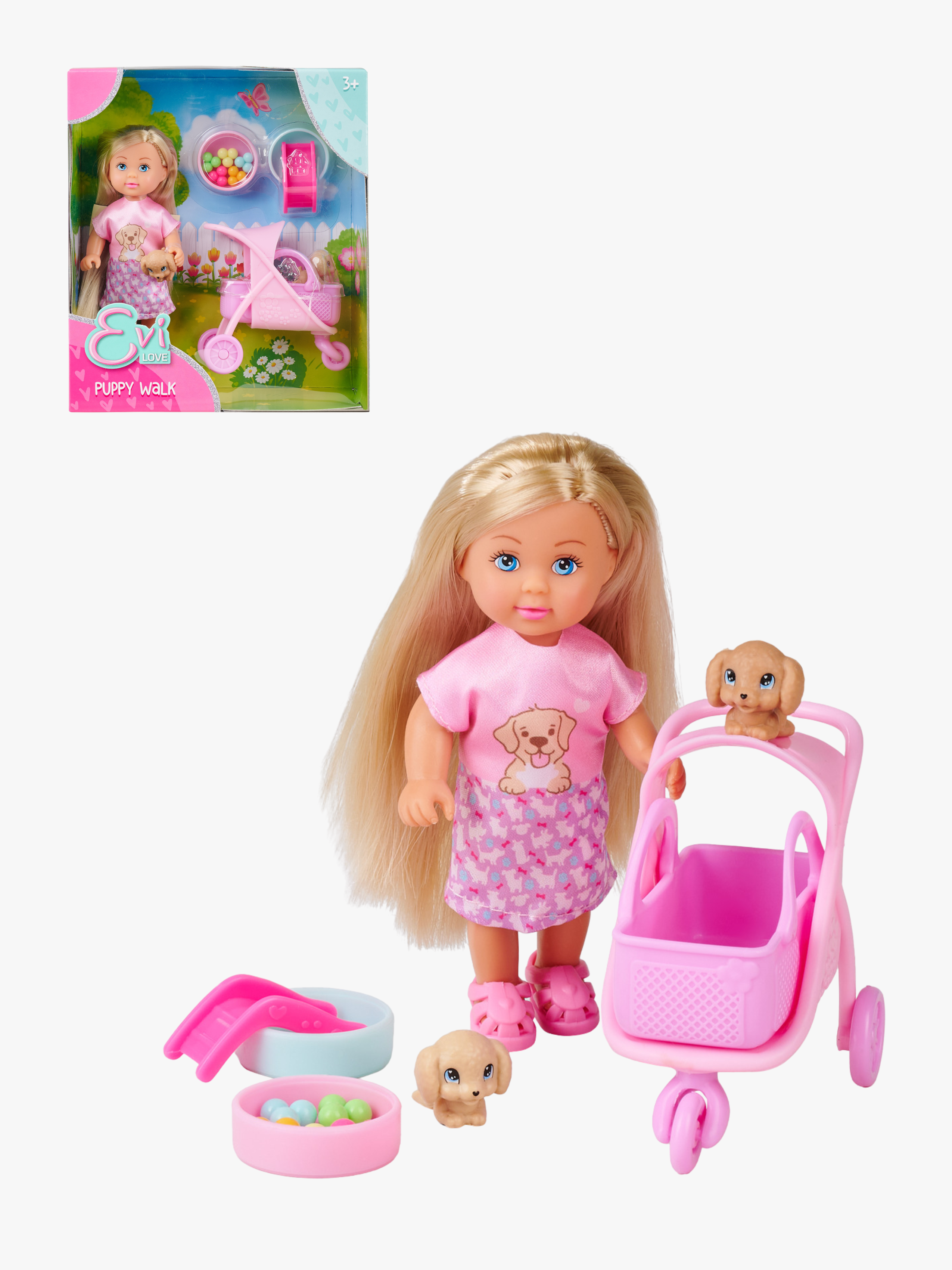 Puppe Hundewagen & Welpen 12 cm, Rosa