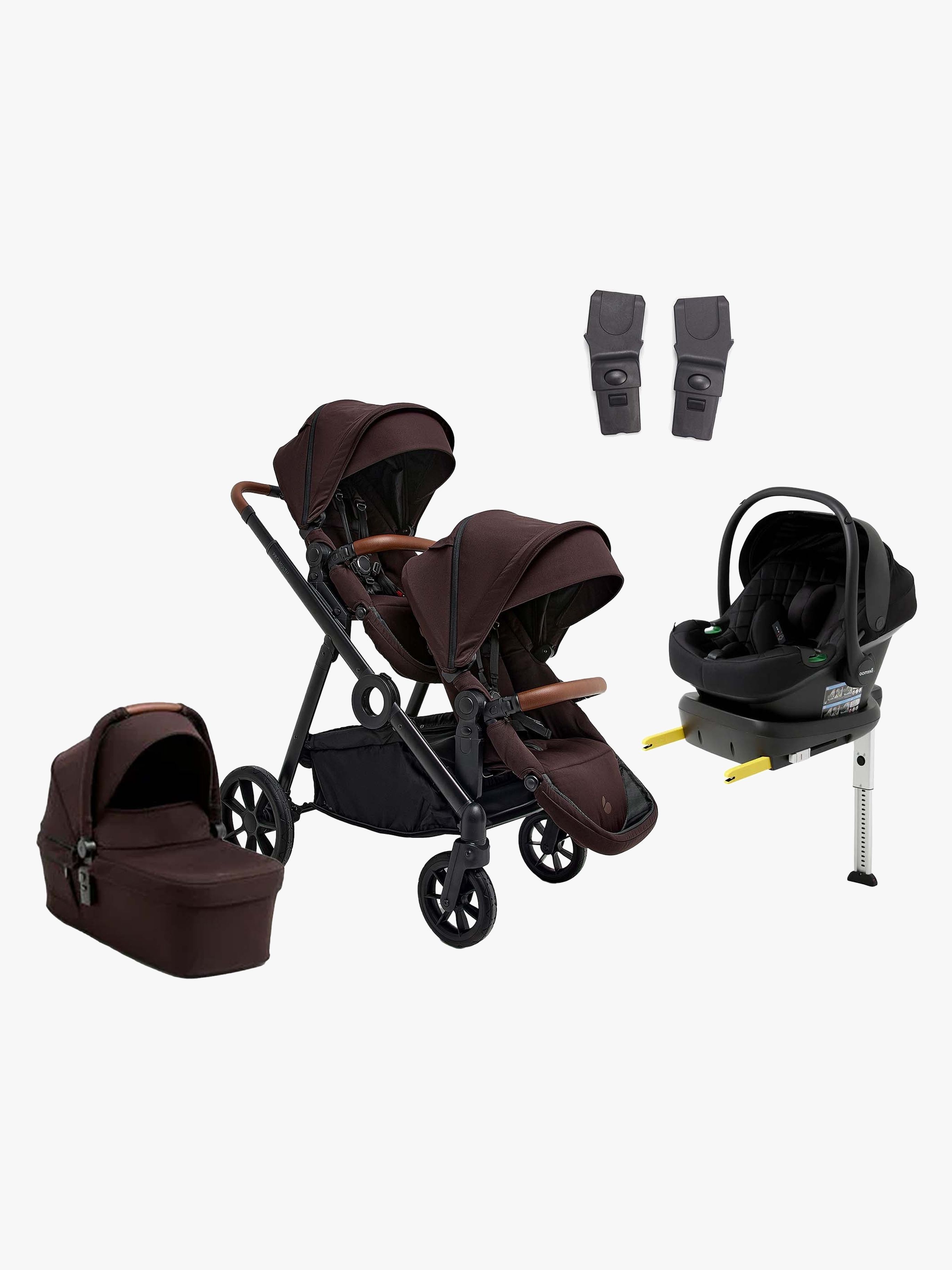 Pro Multi 2 Geschwisterwagen inkl. Route i-Size Babyschale & Basis, Espresso Brown / Black Stone, Doppelkinderwagen