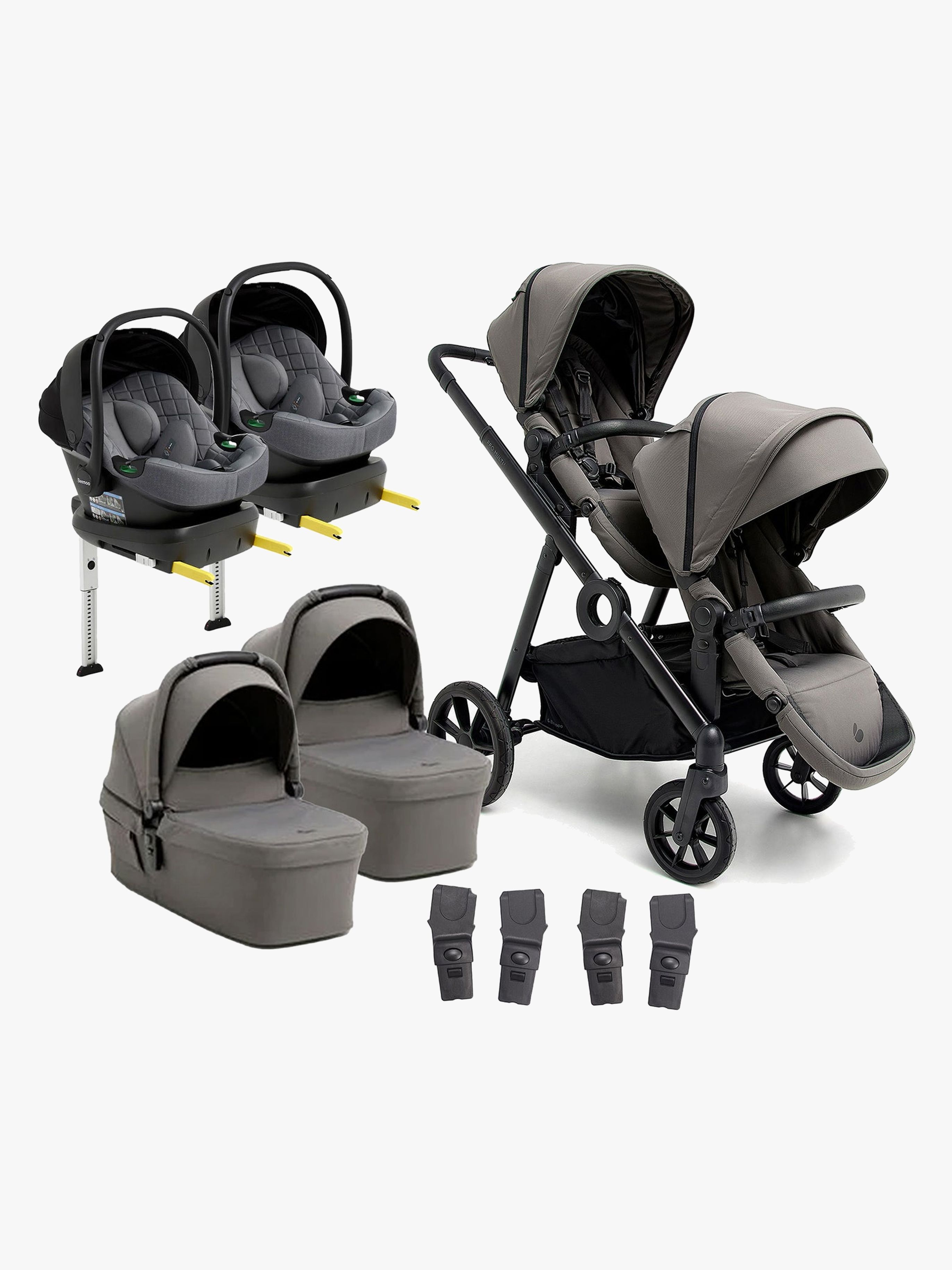 Beemoo Pro Multi 2 Zwillingswagen inkl. Route i-Size Babyschalen &  Basis, Mocha Grey/Mineral Grey