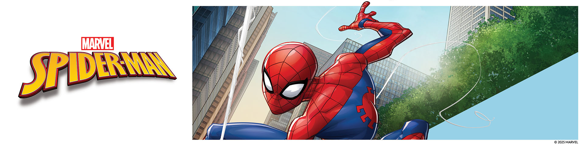 Spider-Man schwingt zwischen Gebäuden mit dem Text 'MARVEL SPIDER-MAN'.