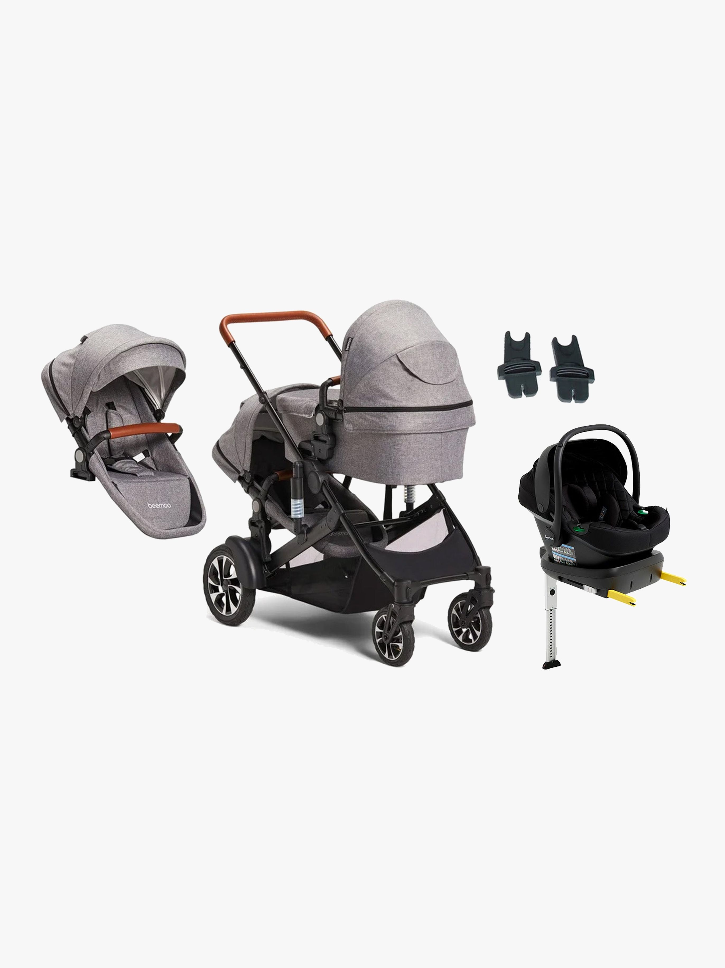 Maxi 4 Twin Geschwisterwagen inkl. Geschwistersitz & Beemoo Route i-Size Babyschale & Basis, Grey / Black Stone, Doppelkinderwagen