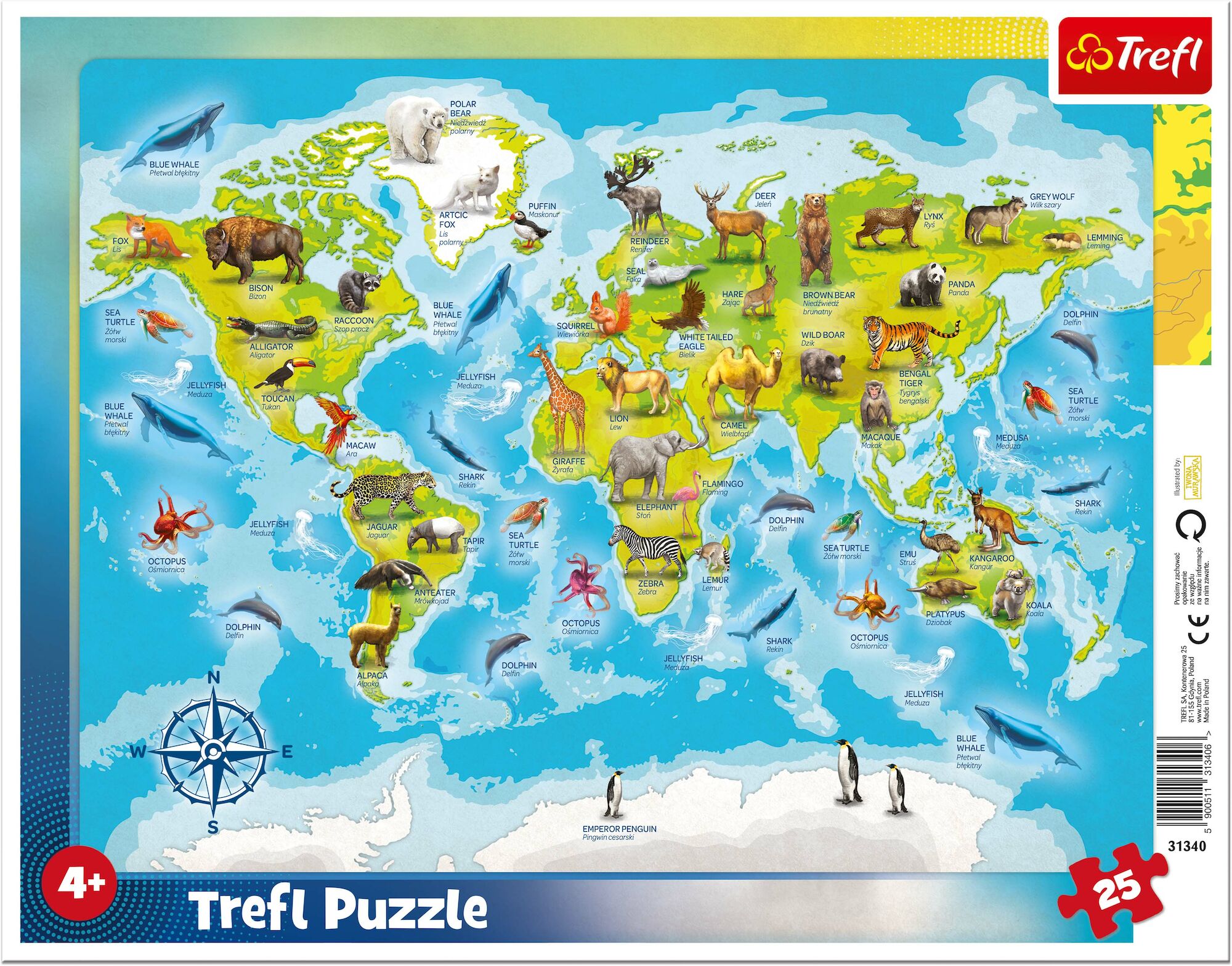 Trefl Rahmenpuzzle Weltkarte mit Tieren 25 Teile
