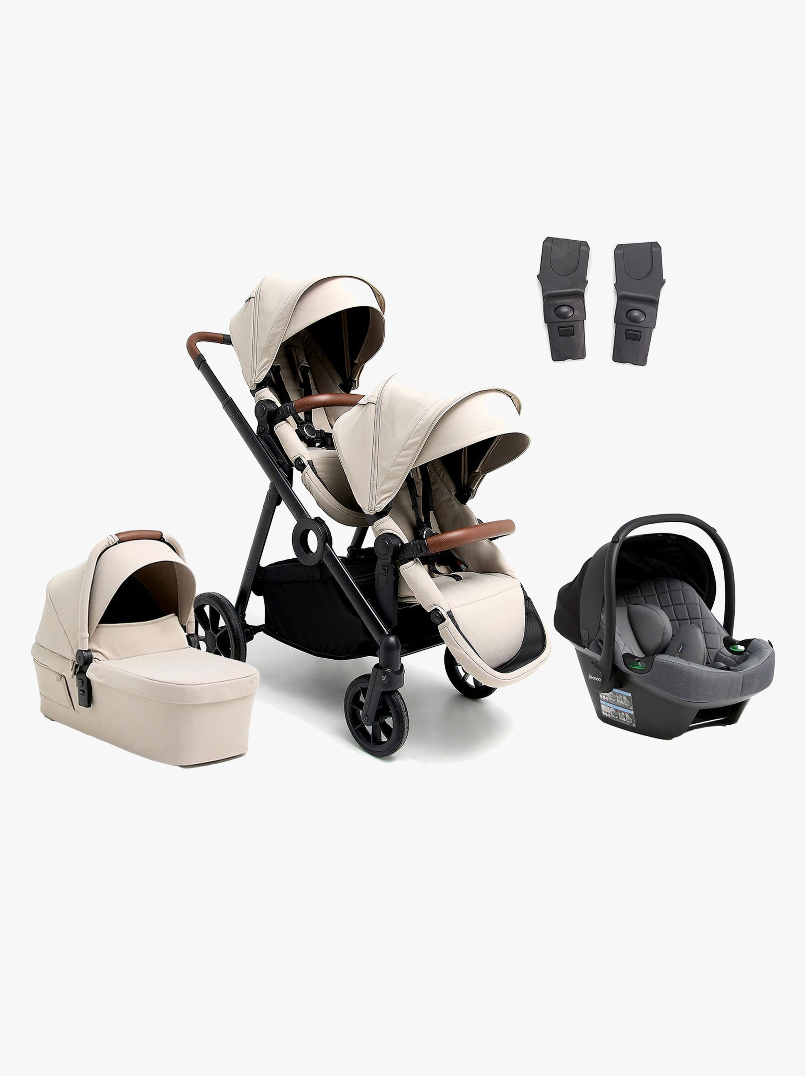 Beemoo Pro Multi 2 Geschwisterwagen inkl. Route i-Size Babyschale, Latte Beige/Mineral Grey, Doppelkinderwagen