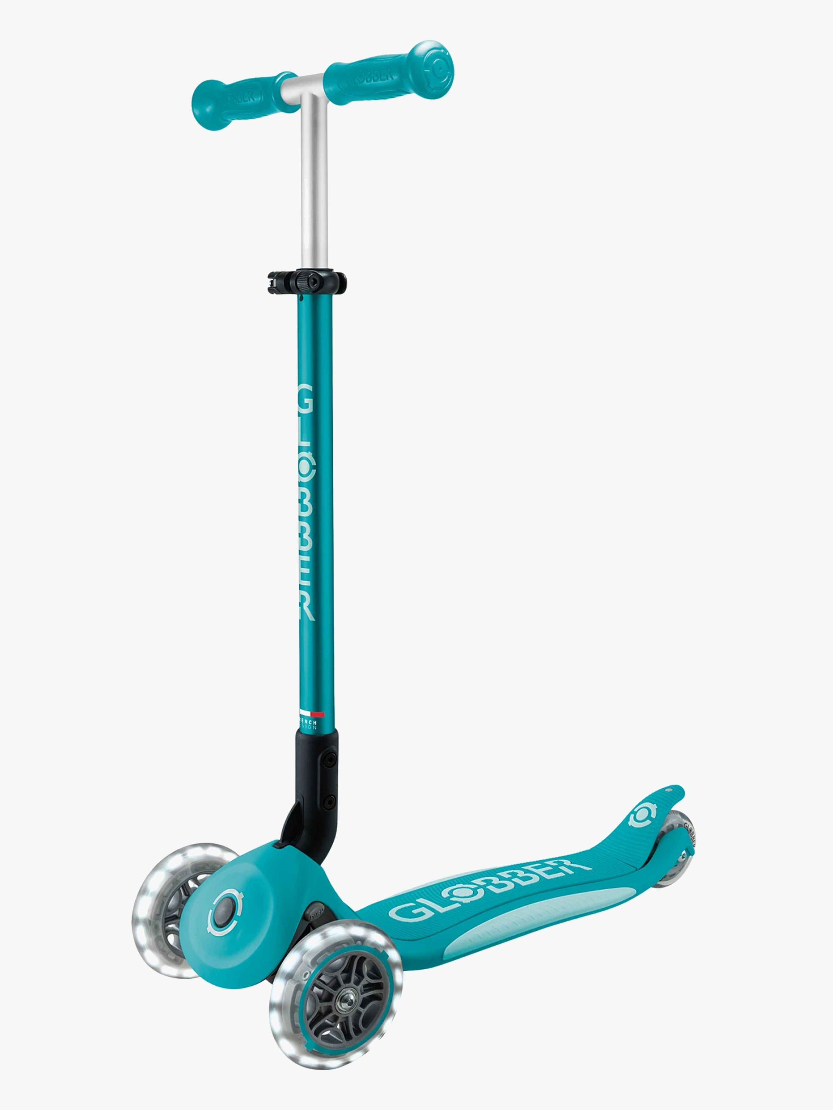 Globber Primo Plus Lights V2 3-rädriger Klapp-Tretroller, Wasserblau