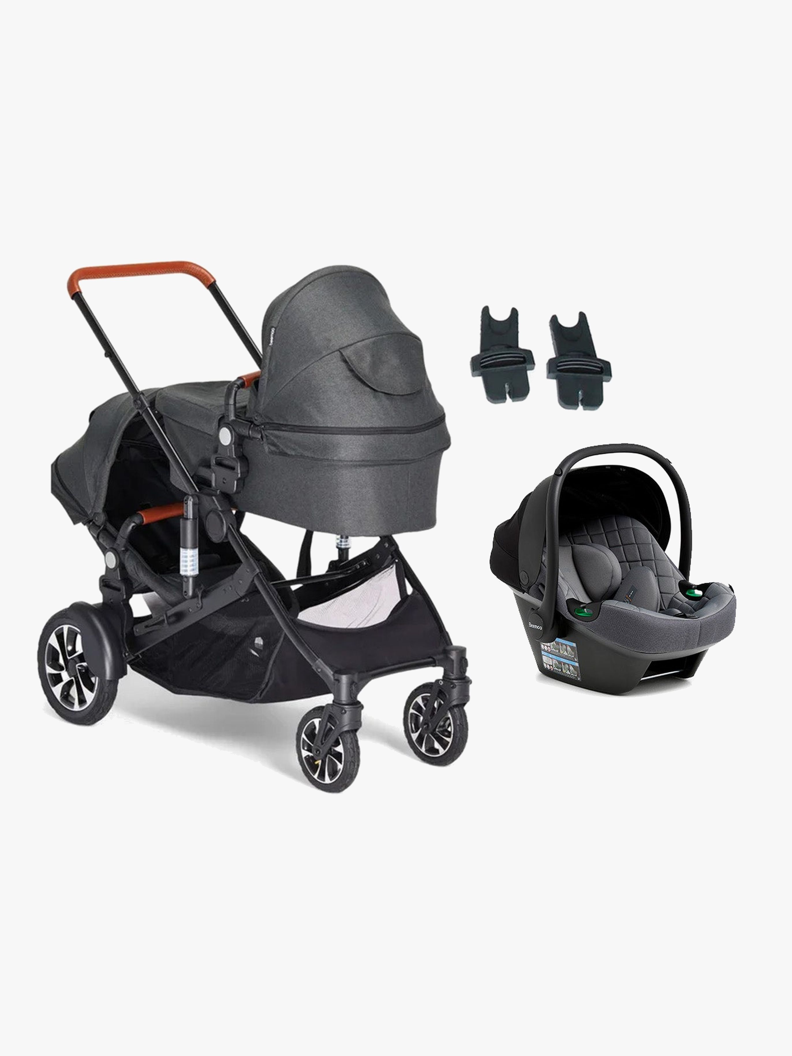 Beemoo Maxi 4 Twin Geschwisterwagen inkl. Beemoo Route i-Size Babyschale, Black/Mineral Grey, Doppelkinderwagen