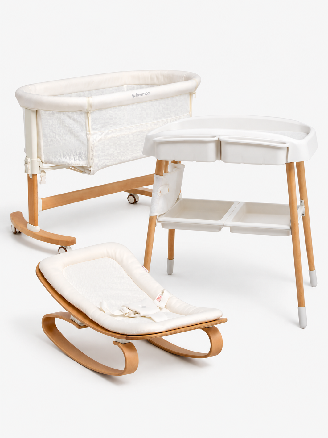 Beemoo Nordic Wickeltisch, Beistellbett & Babywippe, White/Wood