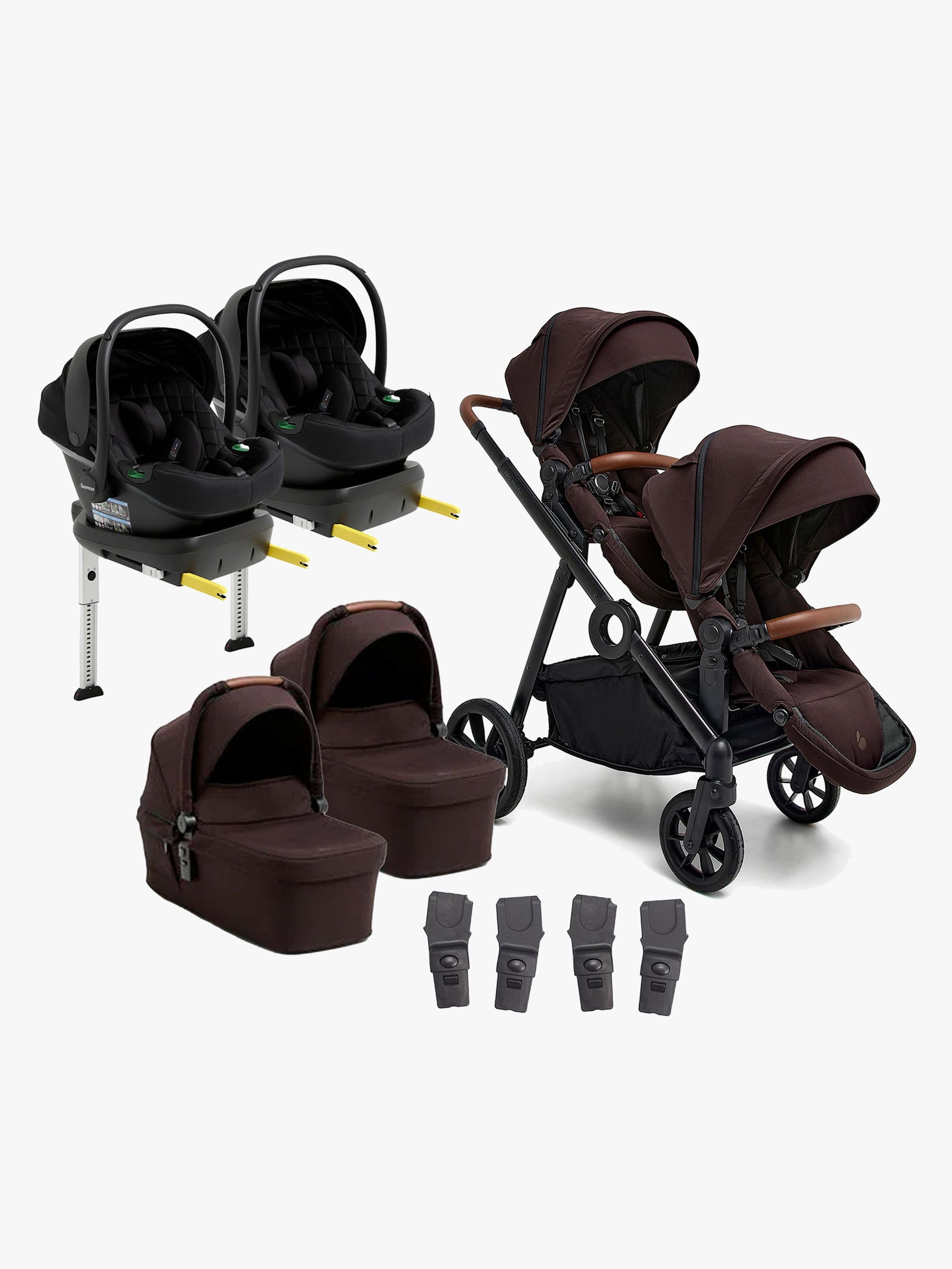 Beemoo Pro Multi 2 Zwillingswagen inkl. Route i-Size Babyschalen &  Basis, Espresso Brown/Black Stone