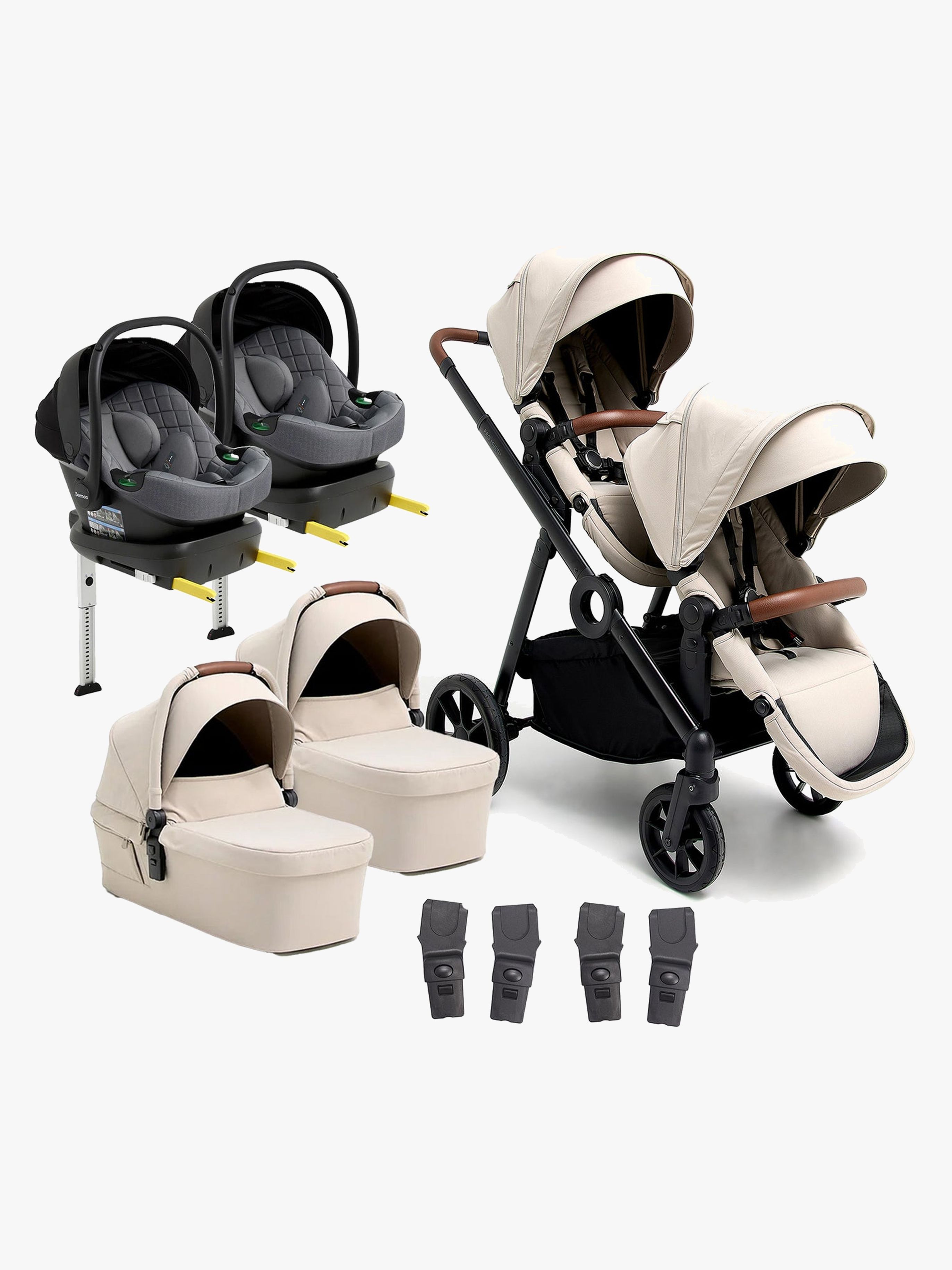 Beemoo Pro Multi 2 Zwillingswagen inkl. Route i-Size Babyschalen & Basis, Latte Beige/Mineral Grey