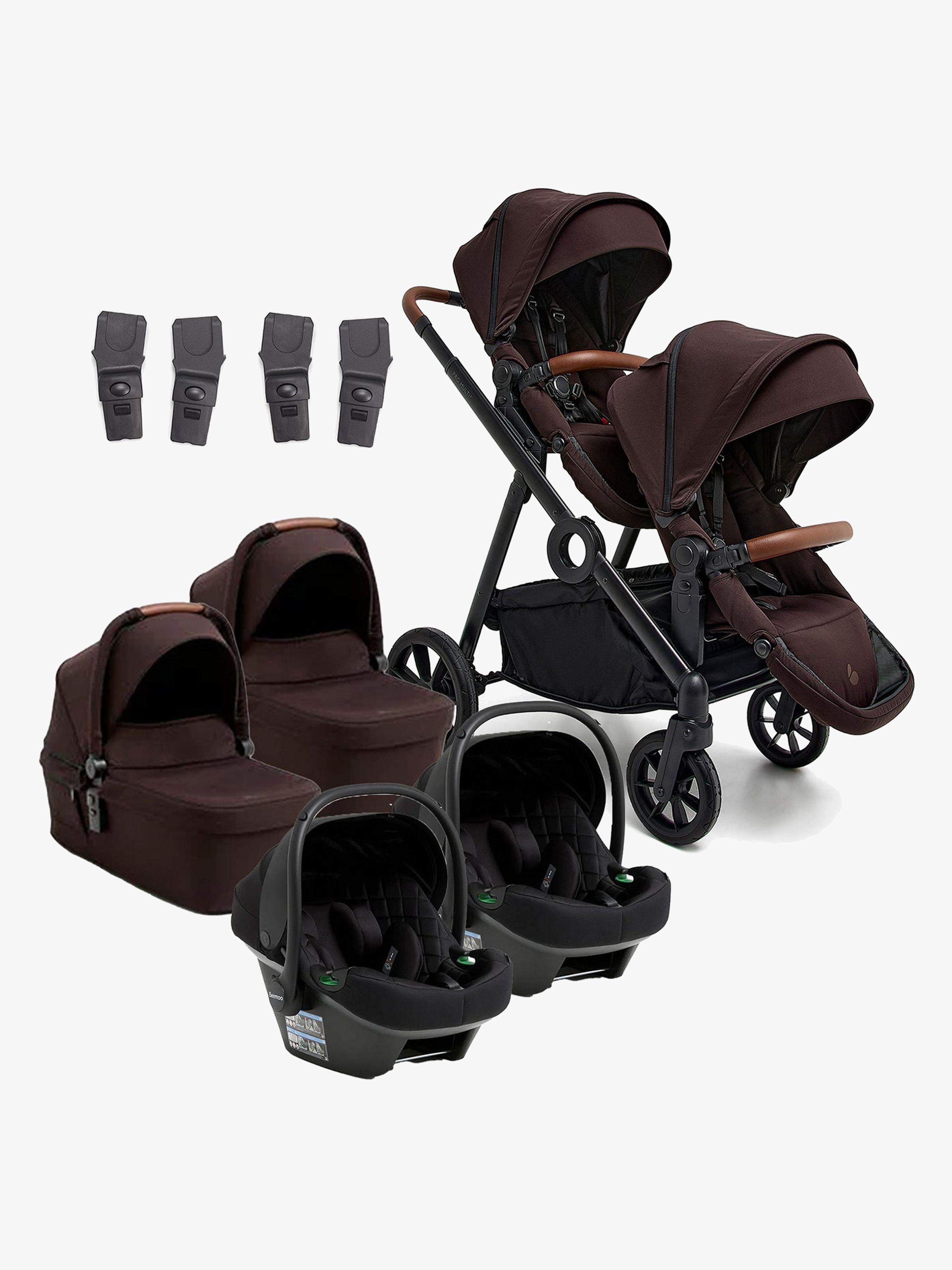 Beemoo Pro Multi 2 Zwillingswagen inkl. Route i-Size Babyschalen, Espresso Brown/Black Stone