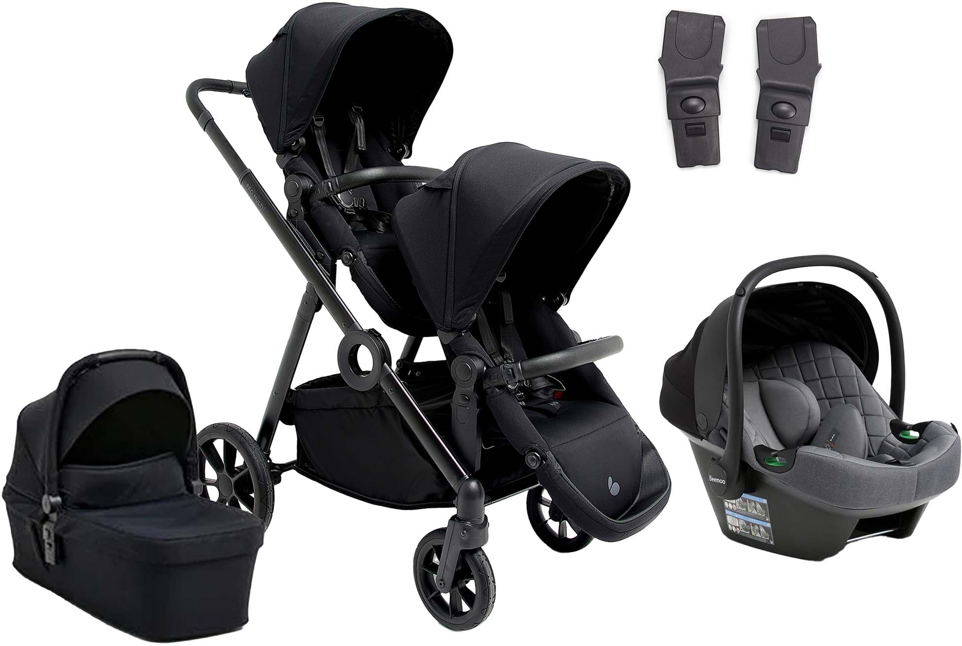 Beemoo Pro Multi 2 Geschwisterwagen inkl. Route i-Size Babyschale, Coffee Black/Mineral Grey, Doppelkinderwagen