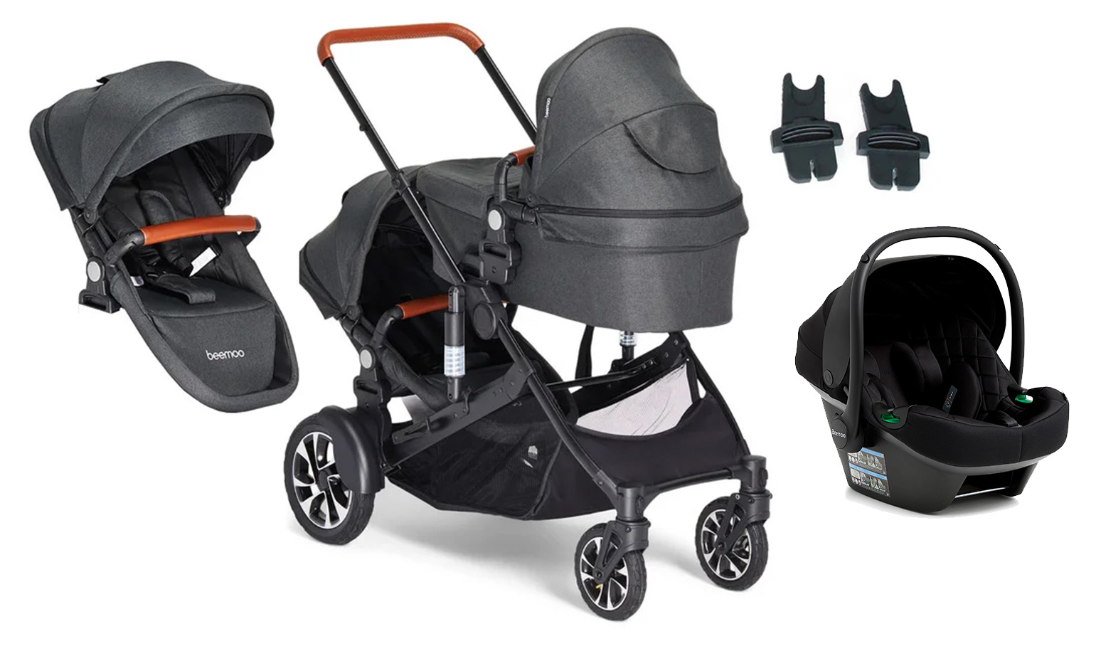 Beemoo Maxi 4 Twin Geschwisterwagen inkl. Geschwistersitz & Beemoo Route i-Size Babyschale, Black/Black Stone, Doppelkinderwagen