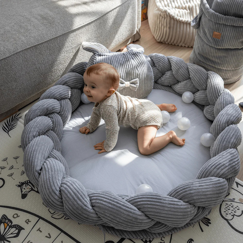 MeowBaby Aesthetic Babynest mit geflochtenem Schutz & Spielteppich, Grey